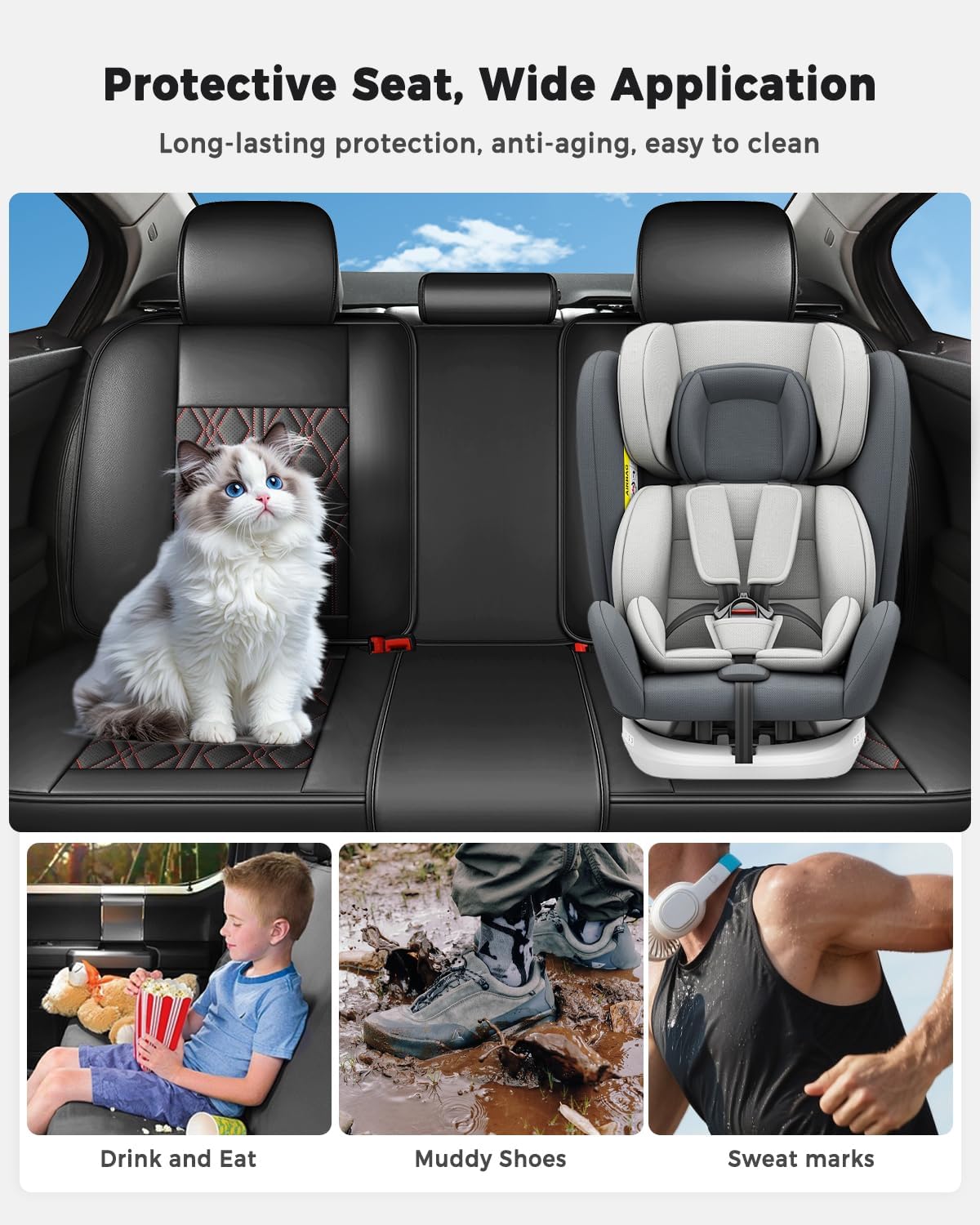 Huidasource Leather Back Row Seat Covers, Waterproof Rear Split Bench Car Seat Covers, Vehicle Seat Cushion Cover Protector Universal Fit for Most Cars Sedan SUV Pickup Truck(Back Row/Black&Red)
