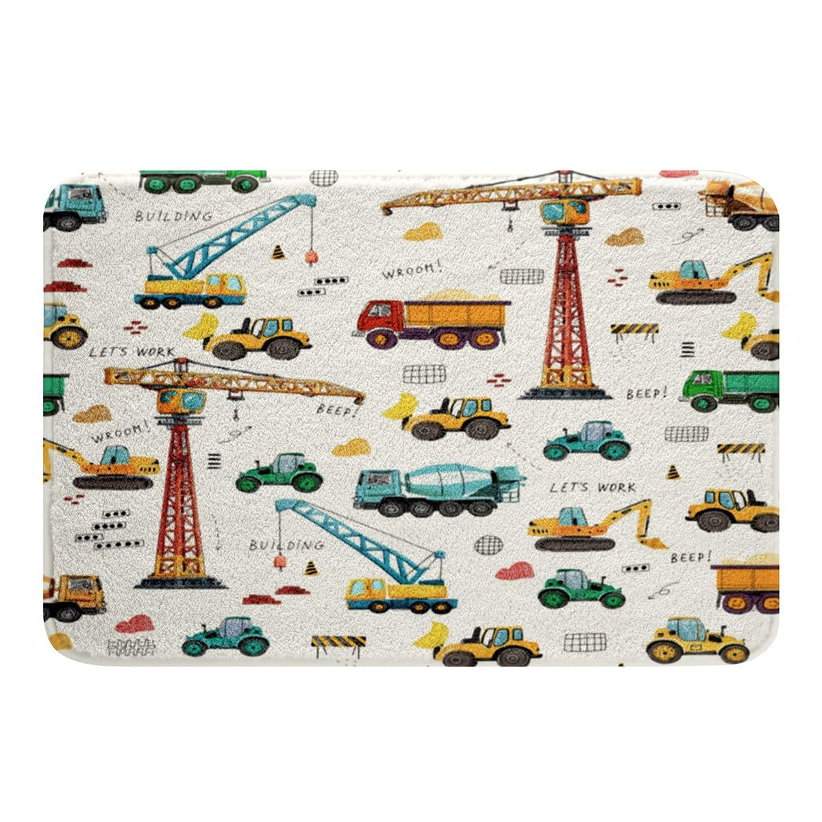 Kid Excavator Bath Mat, Tractor Machinery Trucks Door Mat, Construction Vehicle Bath Rugs for Boys, Bulldozer Crane Carpet, Equipment Truck Plush