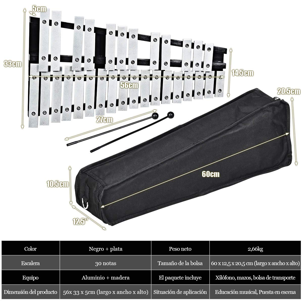 COSTWAY Glockenspiel Xilófono con 30 Notas, Instrumento de Percusión de Madera, Percusión de Mano Plegable con 2 Mazos Estuche, y Bolsa de Transporte Ideal para Niños y Adultos, Blanco y Negro