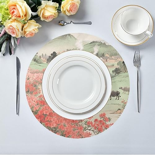 Miniatura 5 de Chinese Style Green Field Red Flower Round Outdoor placemats Dinner Reusable placemat manteles redondos para mesa 15.4x15.4in Set of 6