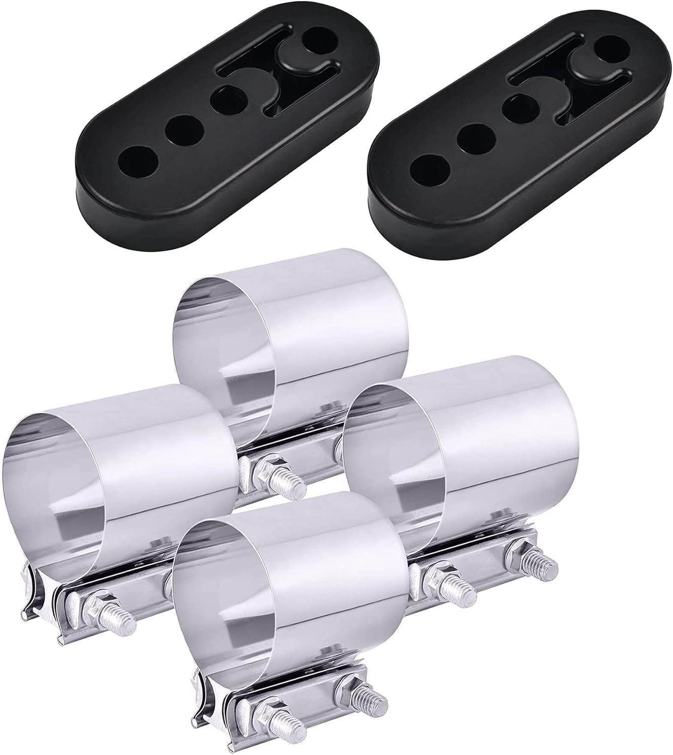 EVIL ENERGY 3.0" Exhaust Clamp Butt Joint Band Sleeve Coupler 4PCS, Bundle with 4 Holes Adjustable Exhaust Hanger Universal 2PCS