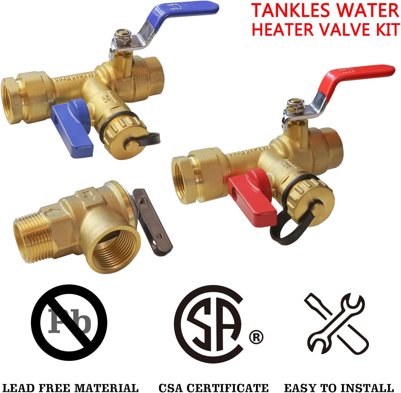 Xiny Tool 3/4-Inch IPS Isolator Tankless Water Heater Service Valve Kit with Pressure Relief Valve, Clean Brass