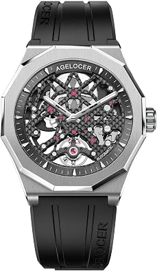 AGELOCER Mens Watch Fashion Top Brand Black Skeleton Mechanical Automatic Watch Rubber Strap Waterproof Watches for Men
