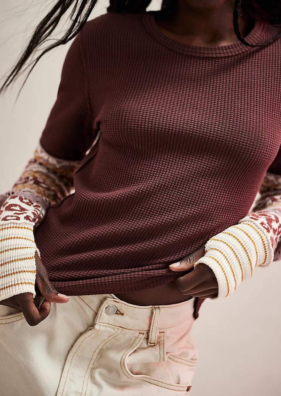 Floral Waffle Knit Tops for Women Slim Fit Crew Neck Long Sleeve Shirts Casual Thumb Hole Graphic Tees Pullover Tops - Image 4