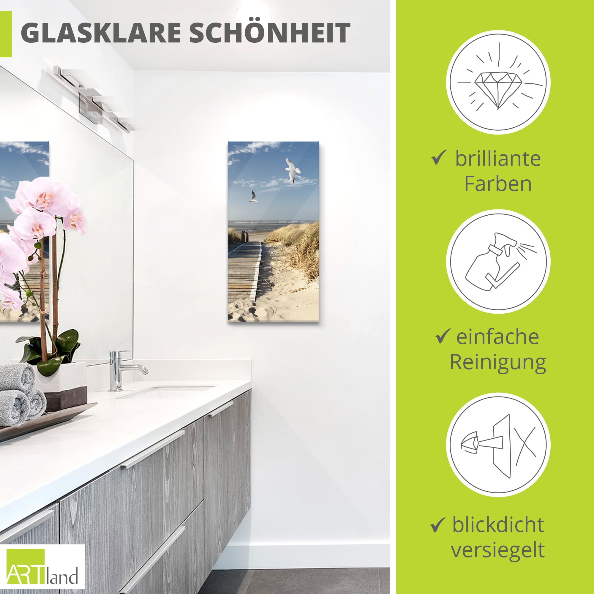 ARTland Wanddeko Glasbilder Wandbild Glas Bild einteilig 30x60 cm Hochformat Strand Meer Nordsee Küste Möwen Himmel Steg Natur Landschaft Dünen T9NJ