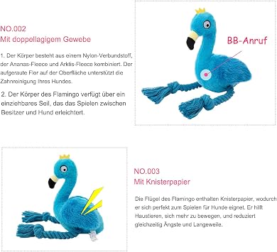 Flamingo Knot Squeaky Dog Toy with Crinkle Paper for Dogs Plush Chew Toy for Puppies to Cuddle Roll Up and Cuddle - Blue