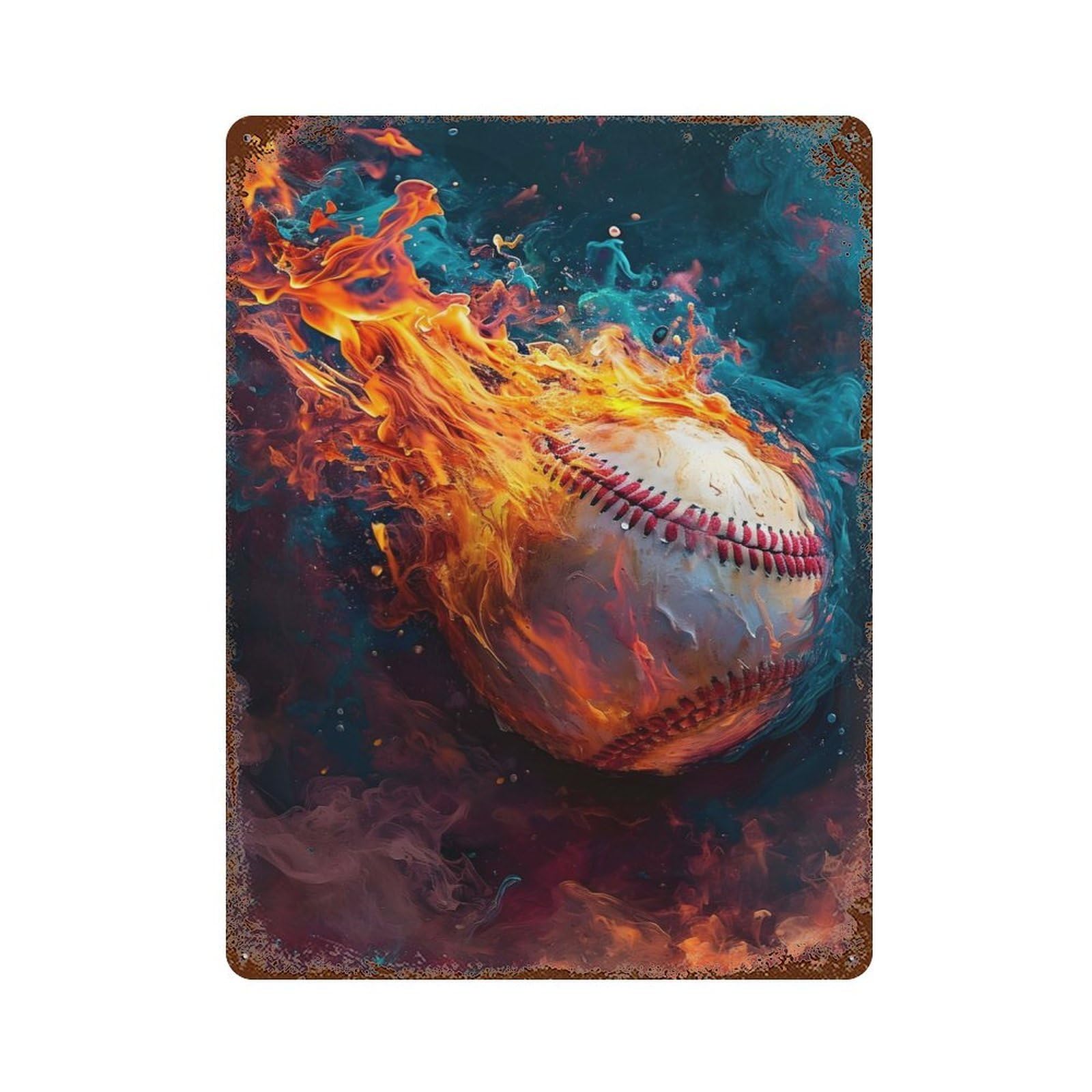 Rust Effect Abstract Baseball Flames Distressed Metal Wall Sign 15.7"x11.8", Decorative Metal Wall Art for Living Room, Hallway And Home Decor