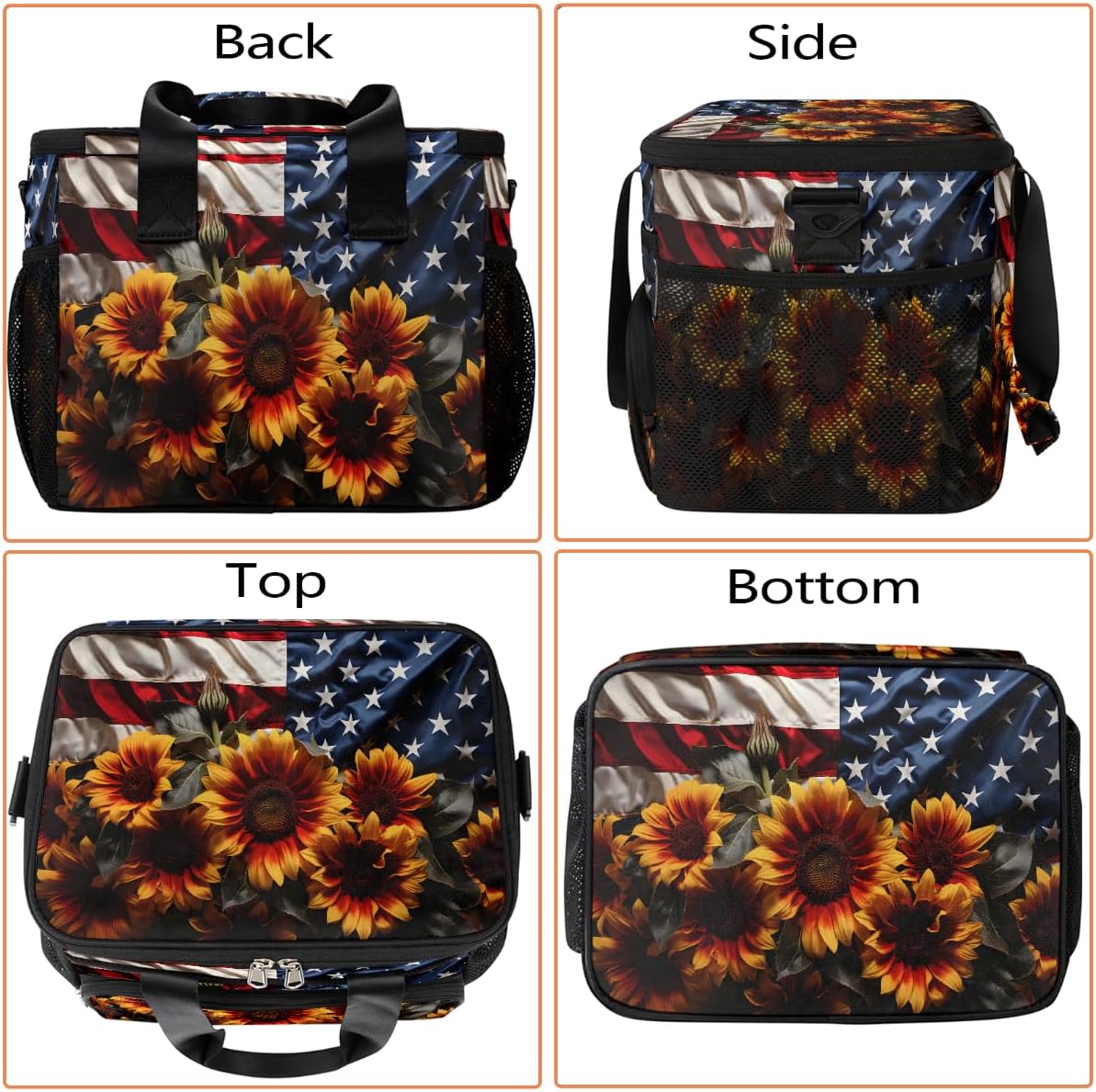 Large Lunch Box for Women Men Insulated Thermal Lunch Tote Bag Usa Flag Sunflowers Reusable Cooler Bag Portable Adult Lunchbox Container with Adjustable Strap for Work Picnic