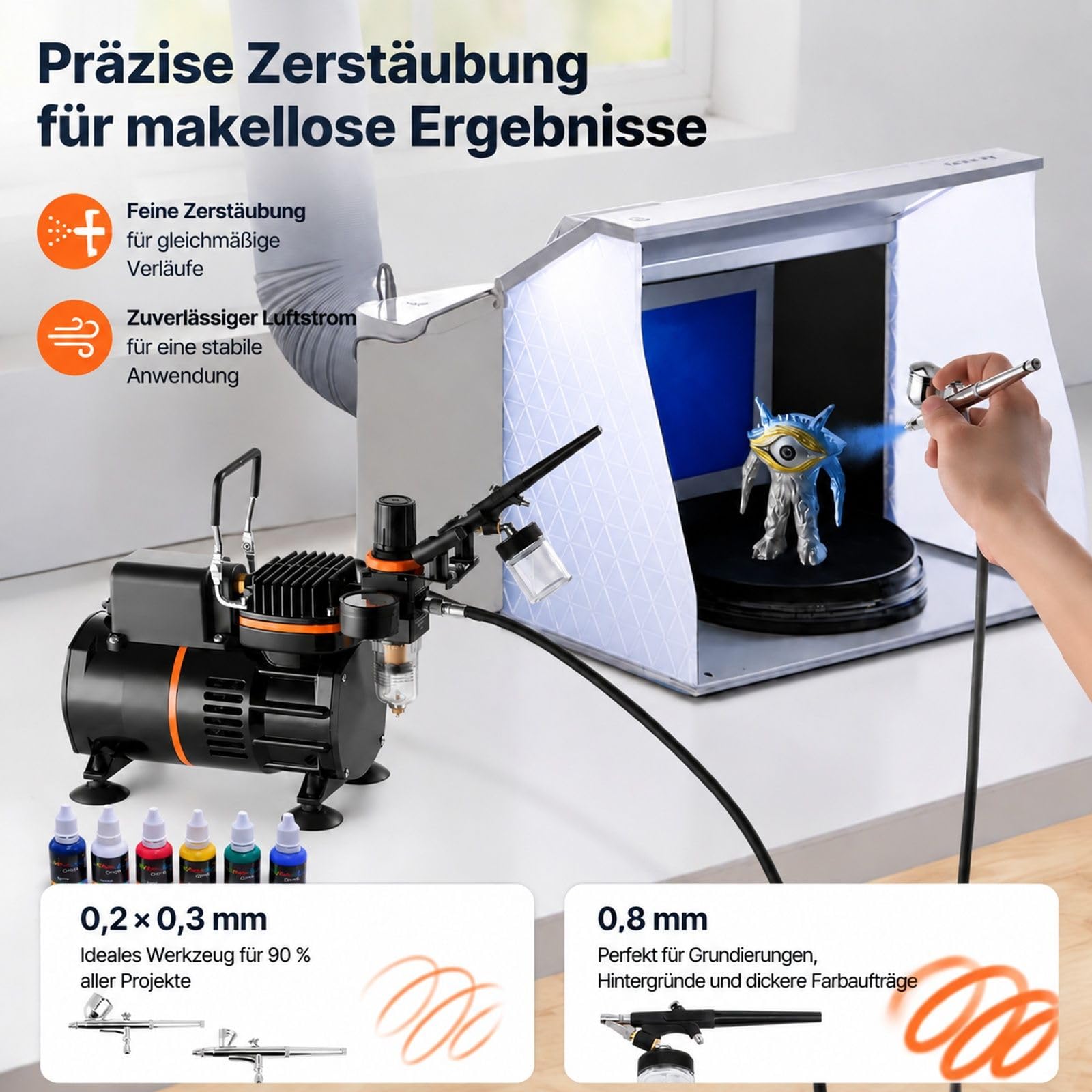 Airbrush Set mit Luftkompressor, 3 Double Action Airbrushpistolen, 3 Düsen, Schlauch, Acrylfarbe und 2 Ventilatoren für Tortendekoration, Modellbemalung und Nagelkunst