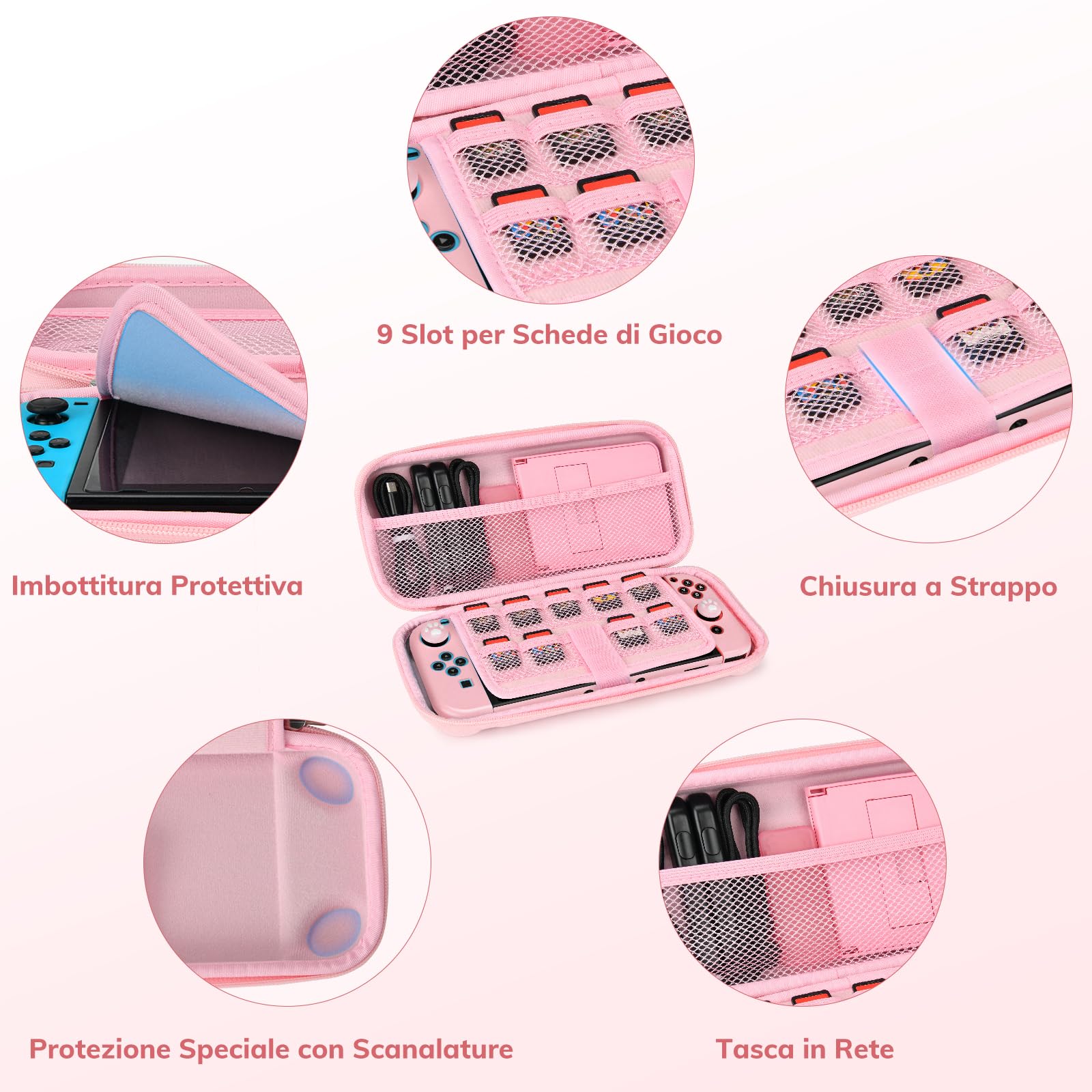 Younik Switch Custodia Per Switch 2017, Pacchetto di Accessori per Switch 14 in 1 con Custodia per il Trasporto, Accessori Protettivi per Console Switch e J-Con (Rosa, Motivo a Bottoni)