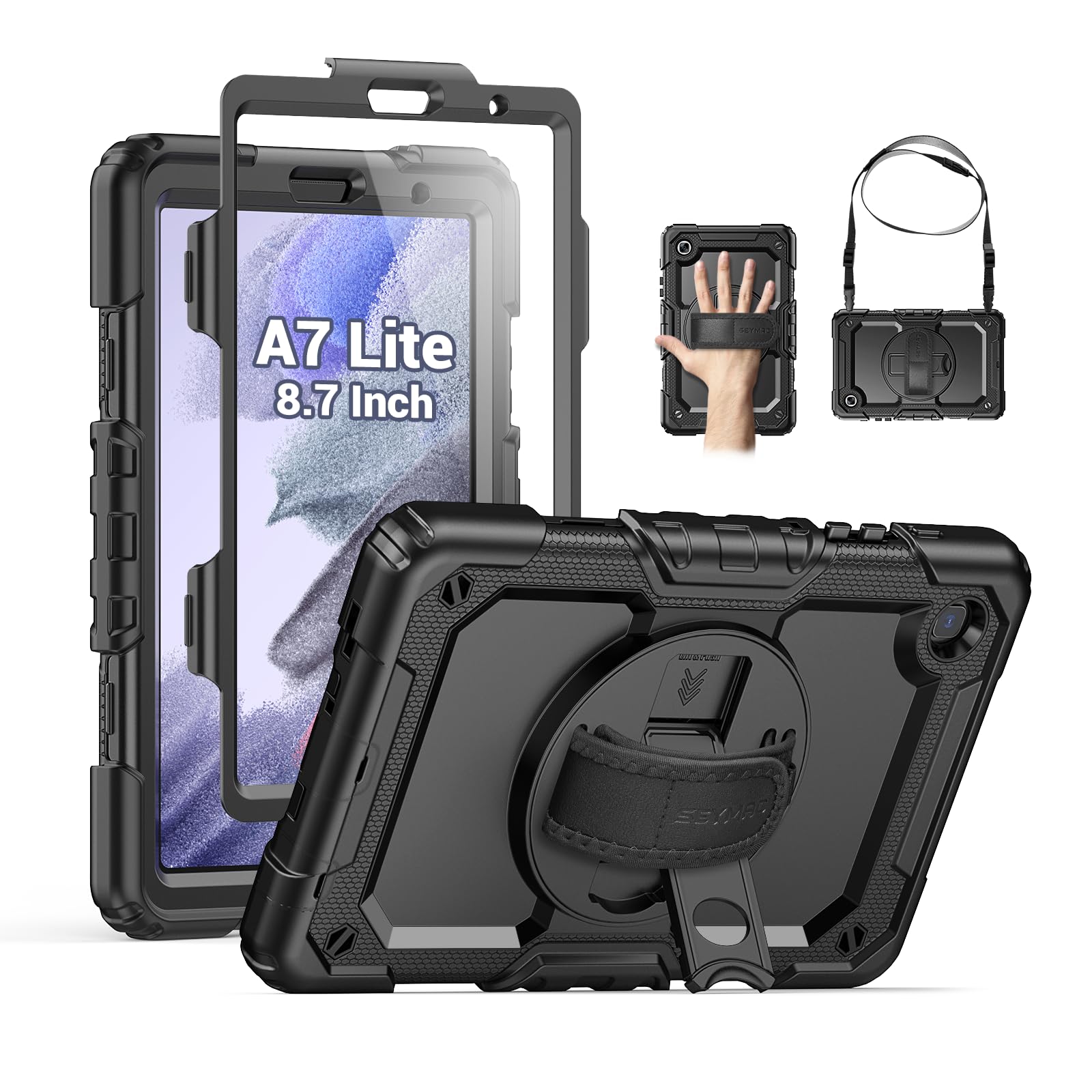SEYMAC Case for Samsung Galaxy Tab A7 Lite 8.7" (SM-T220/ T225/ T227), Heavy Duty Full-Body Shockproof Protective Case with Screen Protector, Rotating Stand, Hand/Shoulder Strap, Black