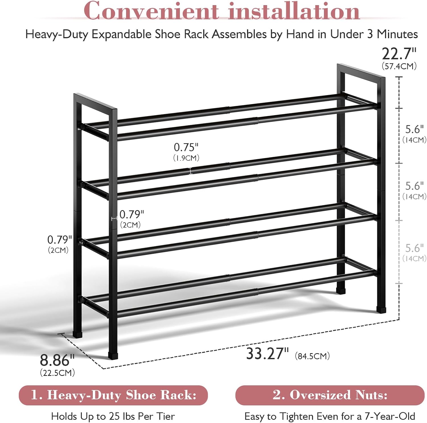 Bumusty 4-Tier Expandable Shoe Rack for Closet, 18“-33” Adjustable Shoe Rack for Small Space, Small Shoe Organizer for Front Door, Sturdy Metal, Black