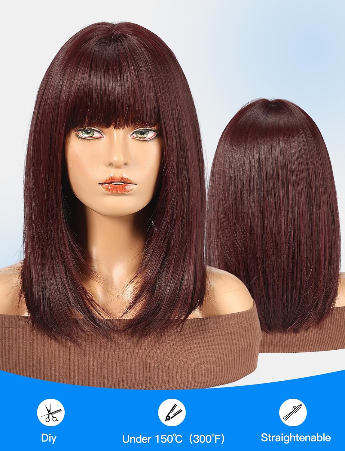 HAIRCUBE Staright Wig with Bangs Synthetic Mid-length Layered Wigs for Women Wine Red Color - Image 5