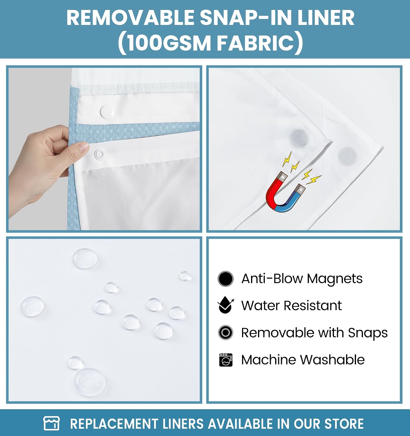 Ringless Waffle Shower Curtain with Snap in Liner Set, 71x74, Light Blue thumbnail