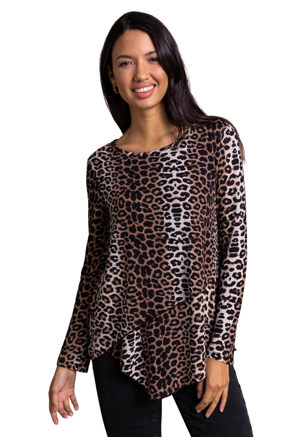 Roman OriginalsWomen Floral Print Hanky Hem Tunic - Ladies Spring Everyday Summer Holiday Round Neck Jersey Double Layer Comfy 3/4 Sleeve Soft T-Shirt Tops