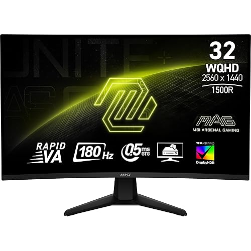 MSI MAG 32CQ6F 31.5-inch IPS 2560 x 1440 (QHD) Computer Monitor, 180Hz, Adaptive-Synch, HDMI, Display Port, VGA Port, VESA Mountable, Tilt, Height Adjustable, Speaker, 0.5ms, Black