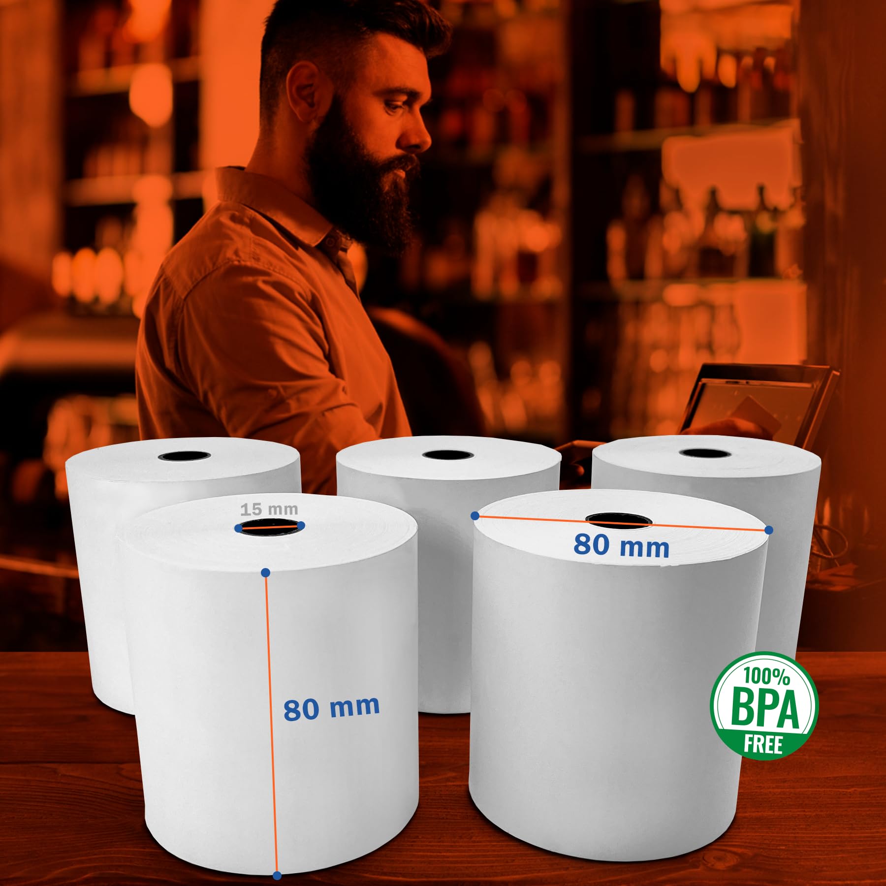 25 Rollos de Papel Térmico Premium 80x80 mm XXL Cia&Co, Alto Gramaje Blanco, BPA Free, Mandril 15 mm, Línea Roja, Compatible TPV POS ePOS, QRs y Códigos de Barras Legibles para VeriFactu y TicketBai