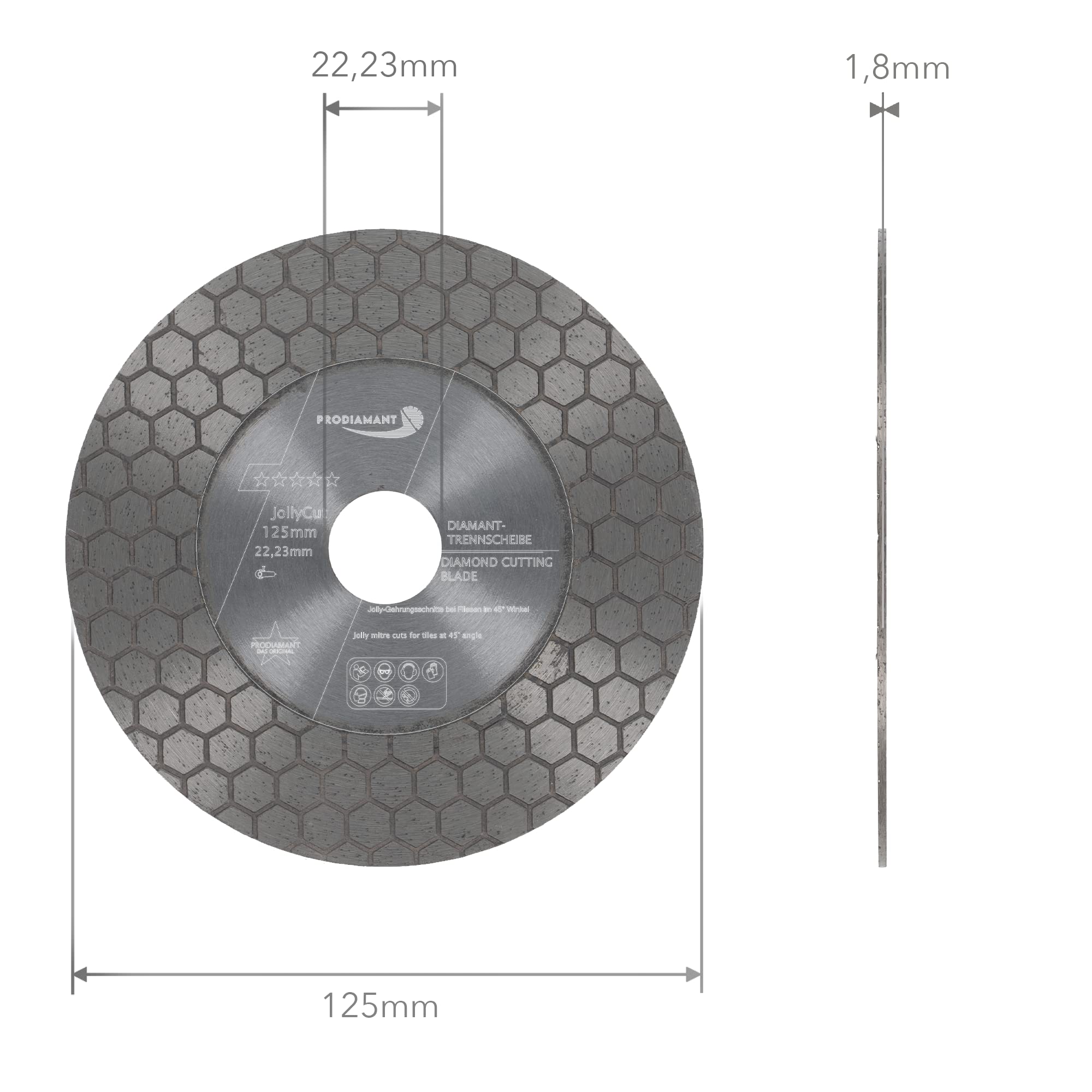 PRODIAMANT Jolly diamentowa tarcza tnąca 125 mm do płytek i gresu porcelanowego do fazowania, cięcia 45 stopni, gratowania, szlifowania i oddzielania