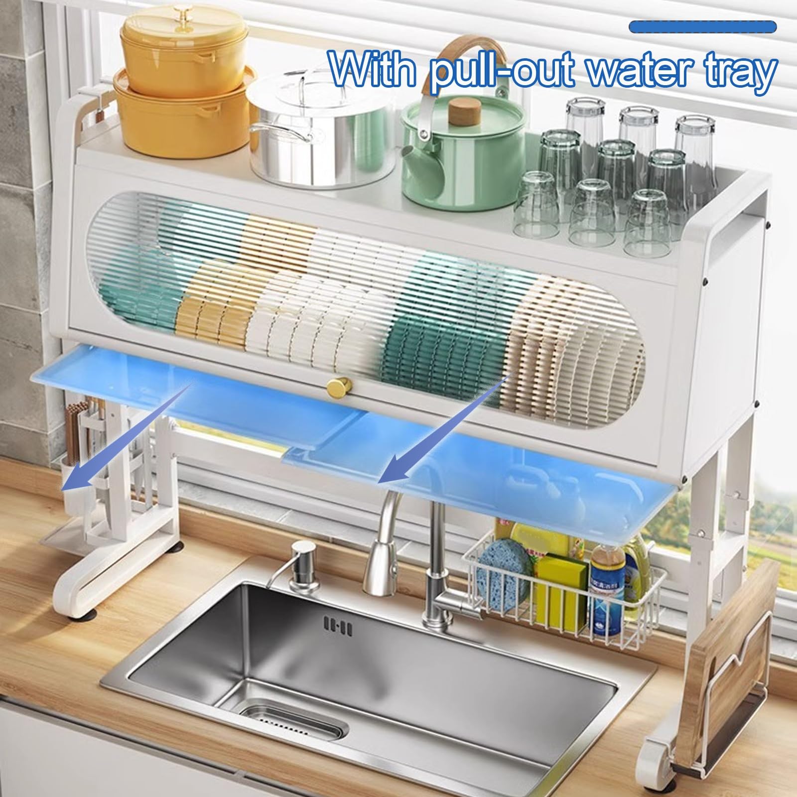 Escurridor de platos de metal de 2 niveles para fregadero de cocina, estante de almacenamiento para puerta de armario (negro, 77 cm) – Esenciales de cocina que ahorran espacio.