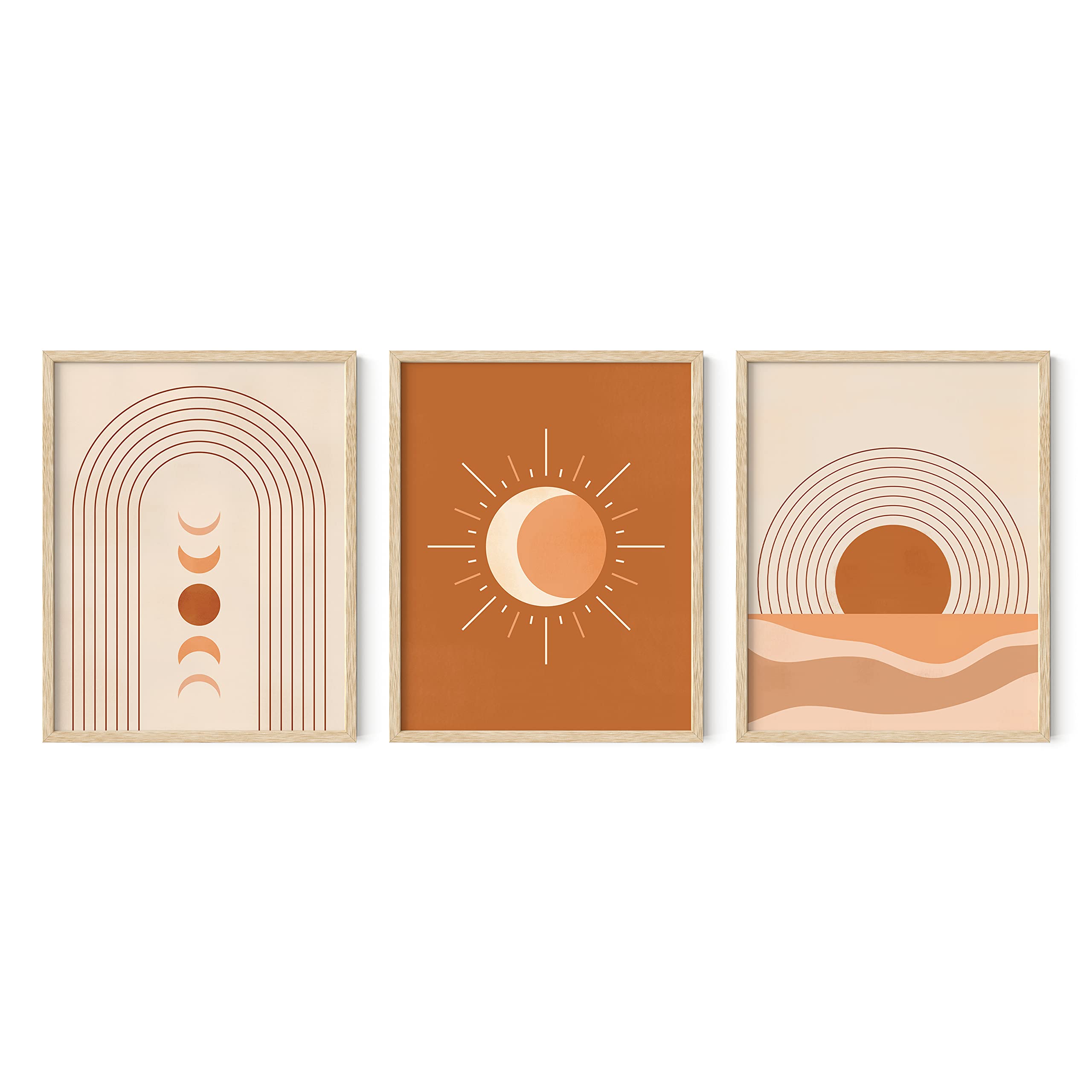 HAUS AND HUES Mid Century Wall Art and Terracotta Decor Set of 3 Mid Century Art Prints | Moon Wall Art | Boho Art | Mid Century Modern Wall Art | Geometric Decor (11x14, Black Frame)