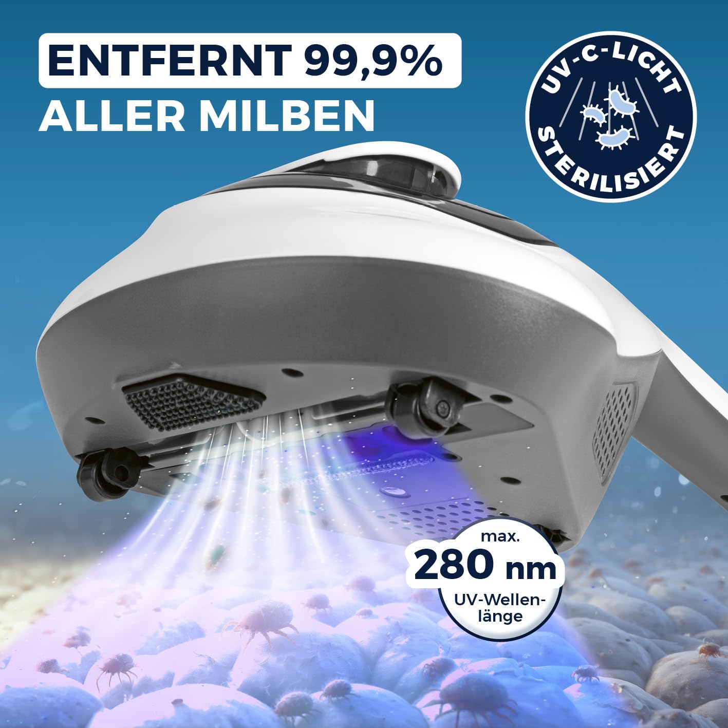 CLEANmaxx Milbensauger für Matratzen mit UV-C-Licht | Matratzenreiniger mit HEPA-Filter, entfernt 99,9% Aller Milben | Matratzensauger mit Ultraschall, Hitze & Vibration