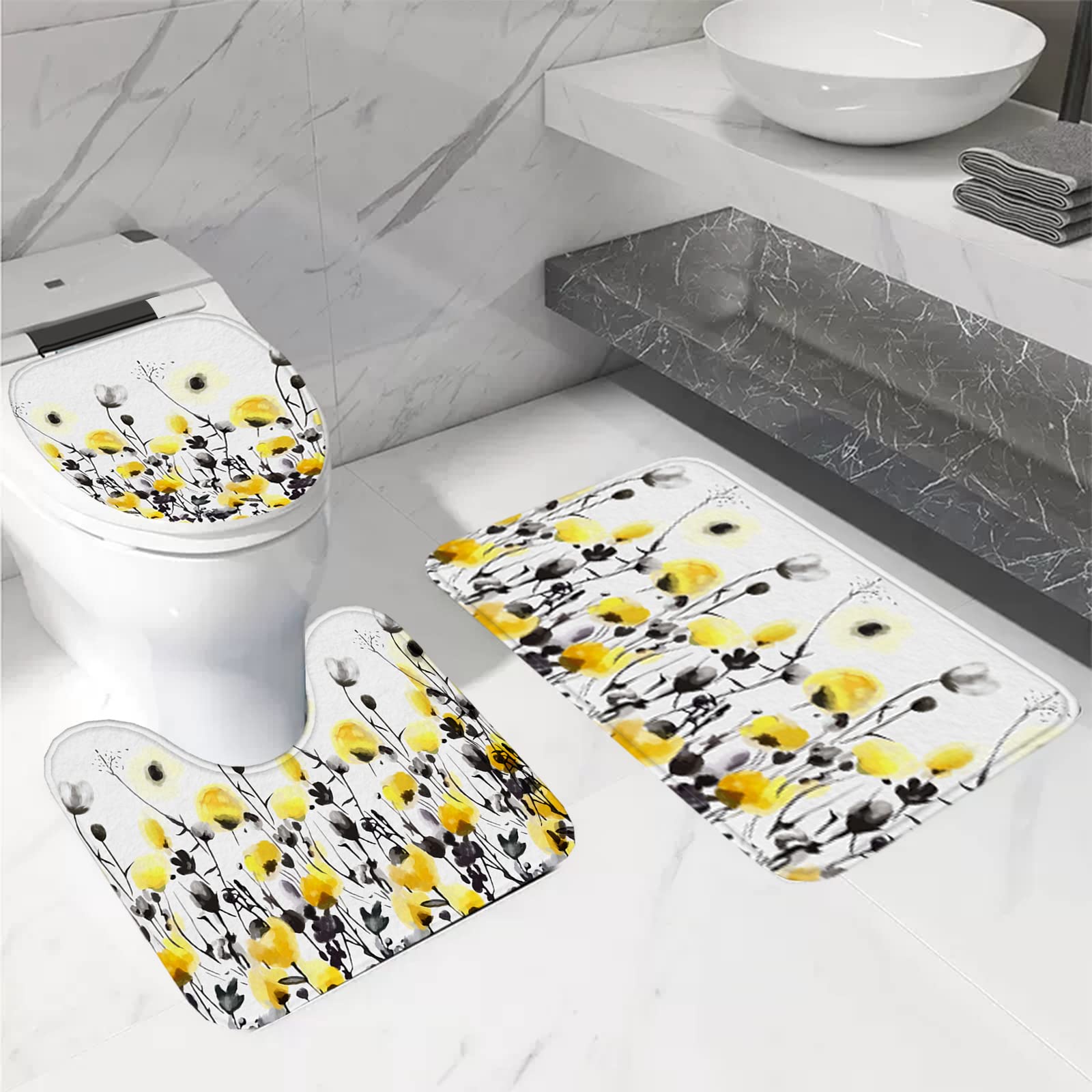 Duschvorhang-Set Mit Lotusblumen-Muster – 4-teilig Inkl. Matte, WC-Bezug & Haken, Wasserdicht, 183x183 Cm