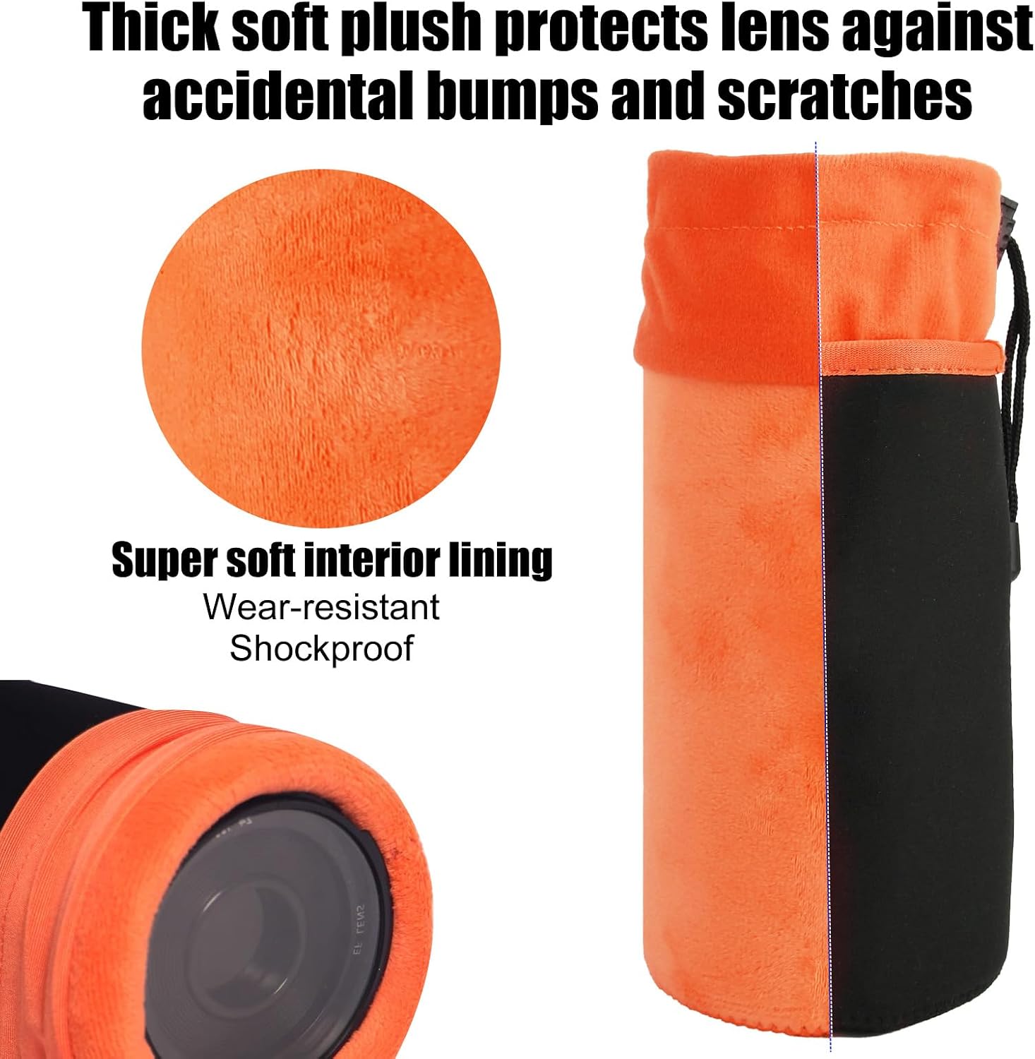 4Pcs Camera Lens Case Bag,4 Size Orange Water Resistant Protective Lens Pouch Set With Adjustable Drawstring Rotating Clamp,Replacement Compatible Thick Protective Neoprene for Canon,Nikon,Sony,Pentax image 3