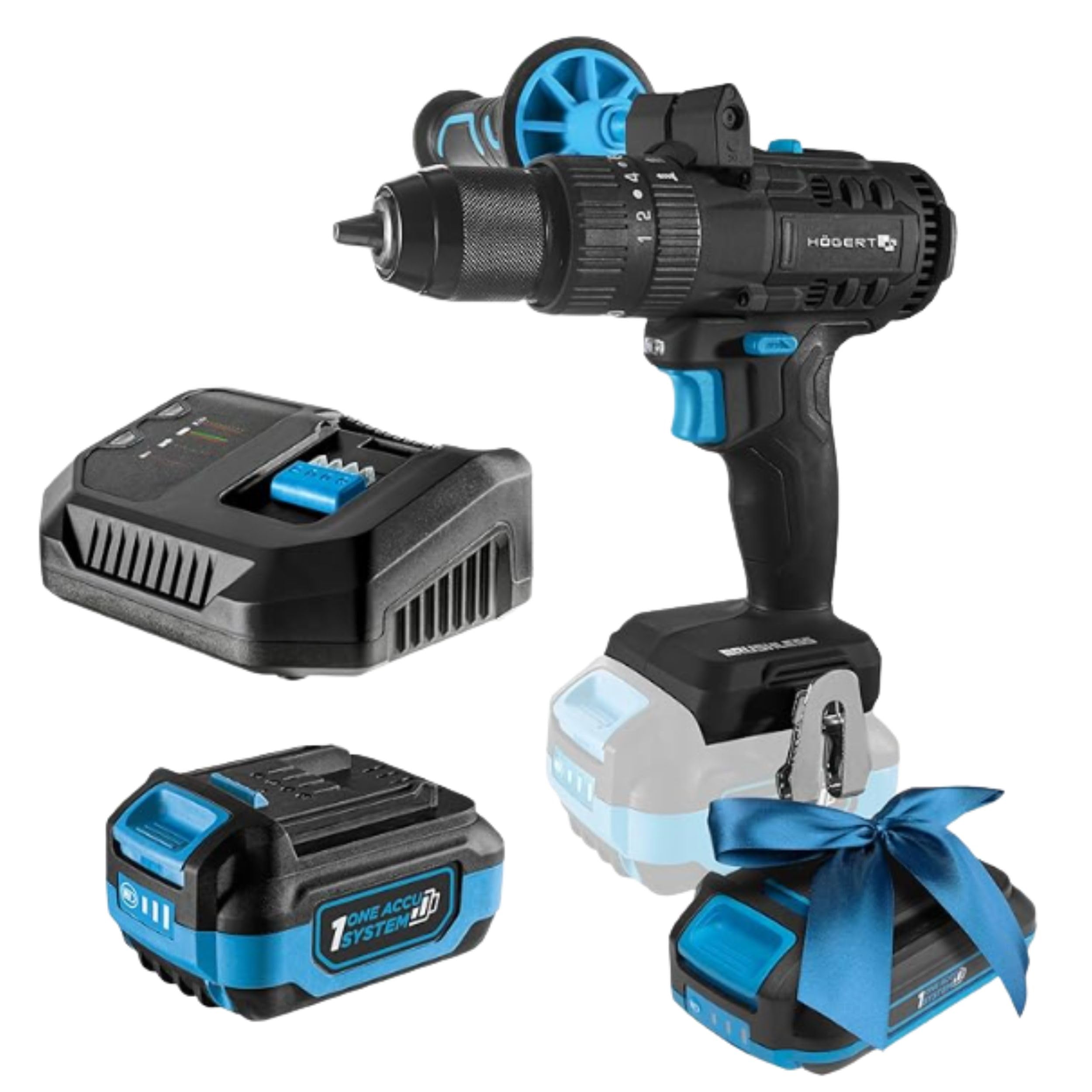 HÖGERT TECHNIK Kit perceuse à percussion brushless 18V, couple 80 Nm, batterie 4,0 Ah, chargeur 4A, éclairage LED, engrenage métallique, pour bois et métal + PROMO batterie 2,0 Ah