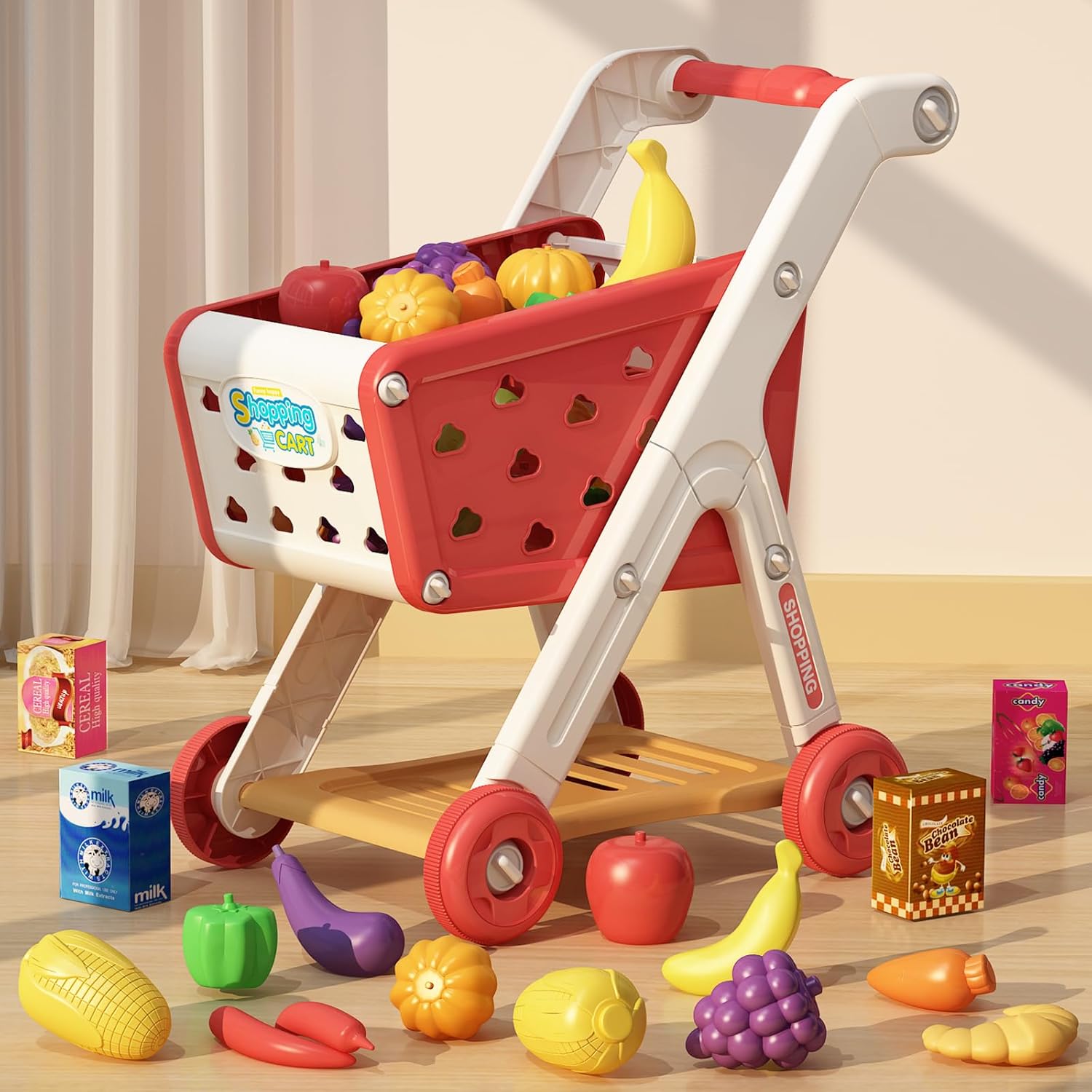 102pcs Kids Shopping Cart Trolley Play Set with Pretend Food and Accessories,Perfect for Ages 3+ Pretend Play and Role-Playing Games (Red)