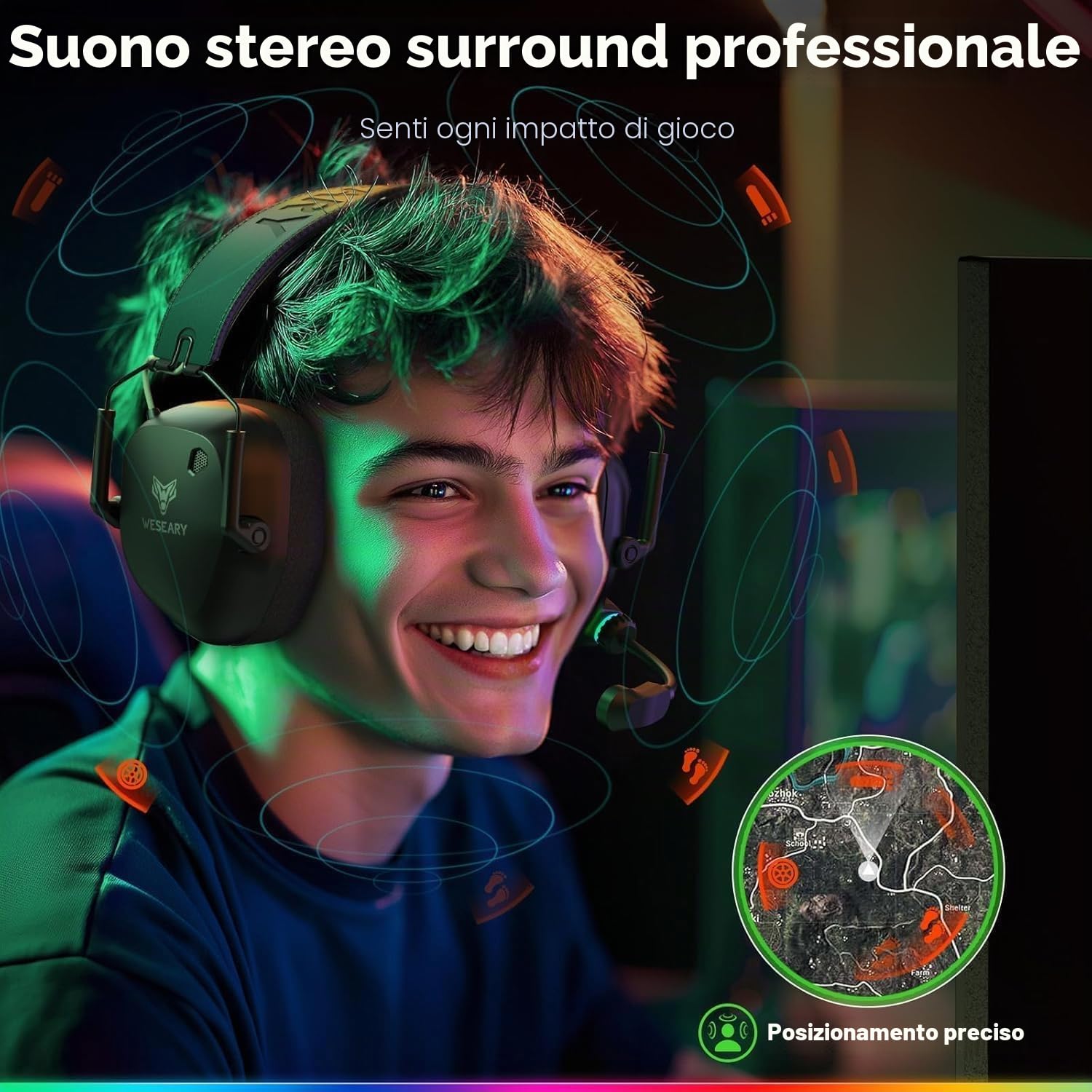 WESEARY WG4 Cuffie Gaming Wireless, 2,4 GHz Cuffie con Microfono per PS5, PS4, PC, Switch, Mac, Mobile, Stereo Cuffie Bluetooth con Luce LED, Batteria da 45 Ore