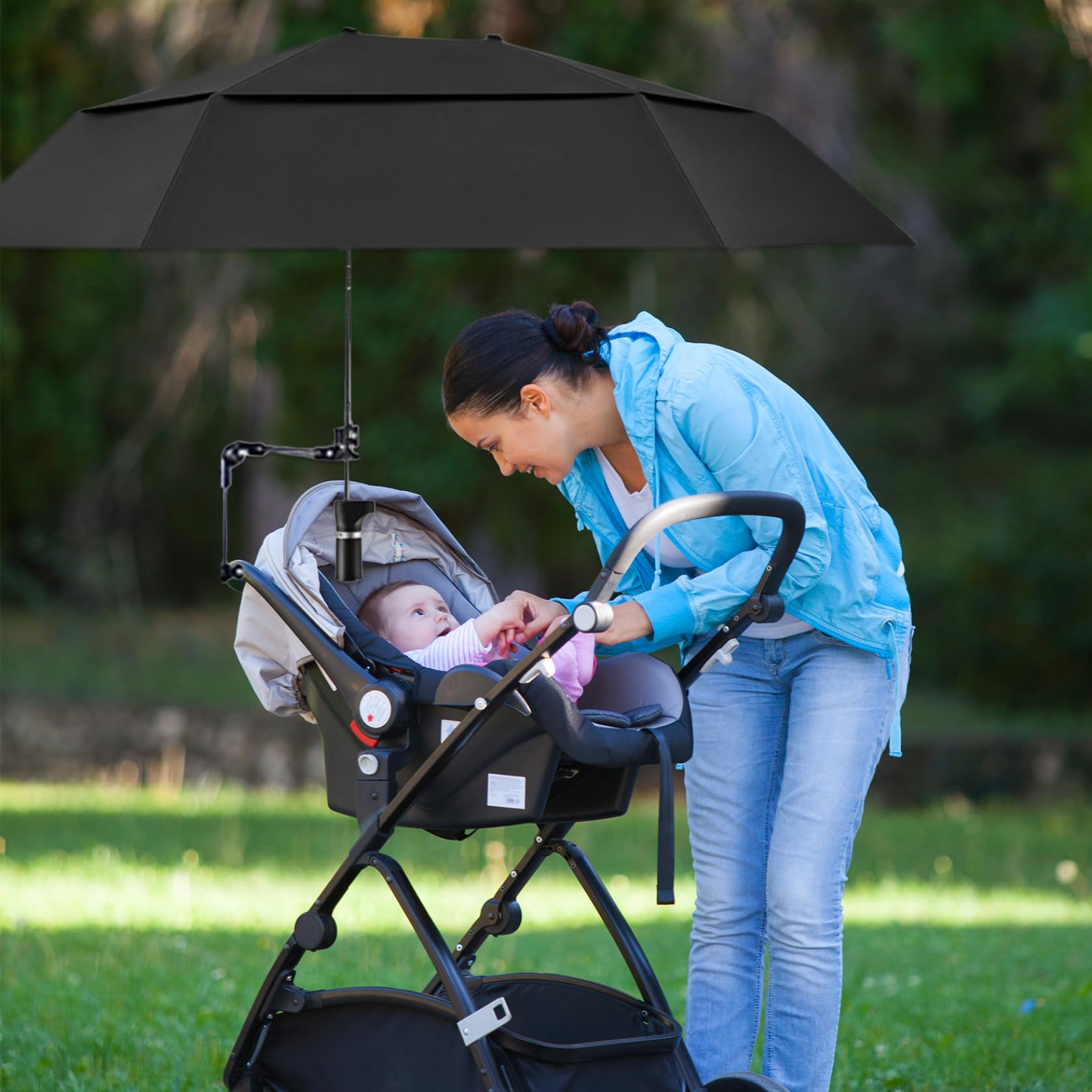 Paraguas para silla con abrazadera ajustable Protección contra la lluvia/UV Paraguas para silla de ruedas 40.9 Sombrilla extendida de doble cara para cochecito Bicicleta Sillas de playa Blanqueado.