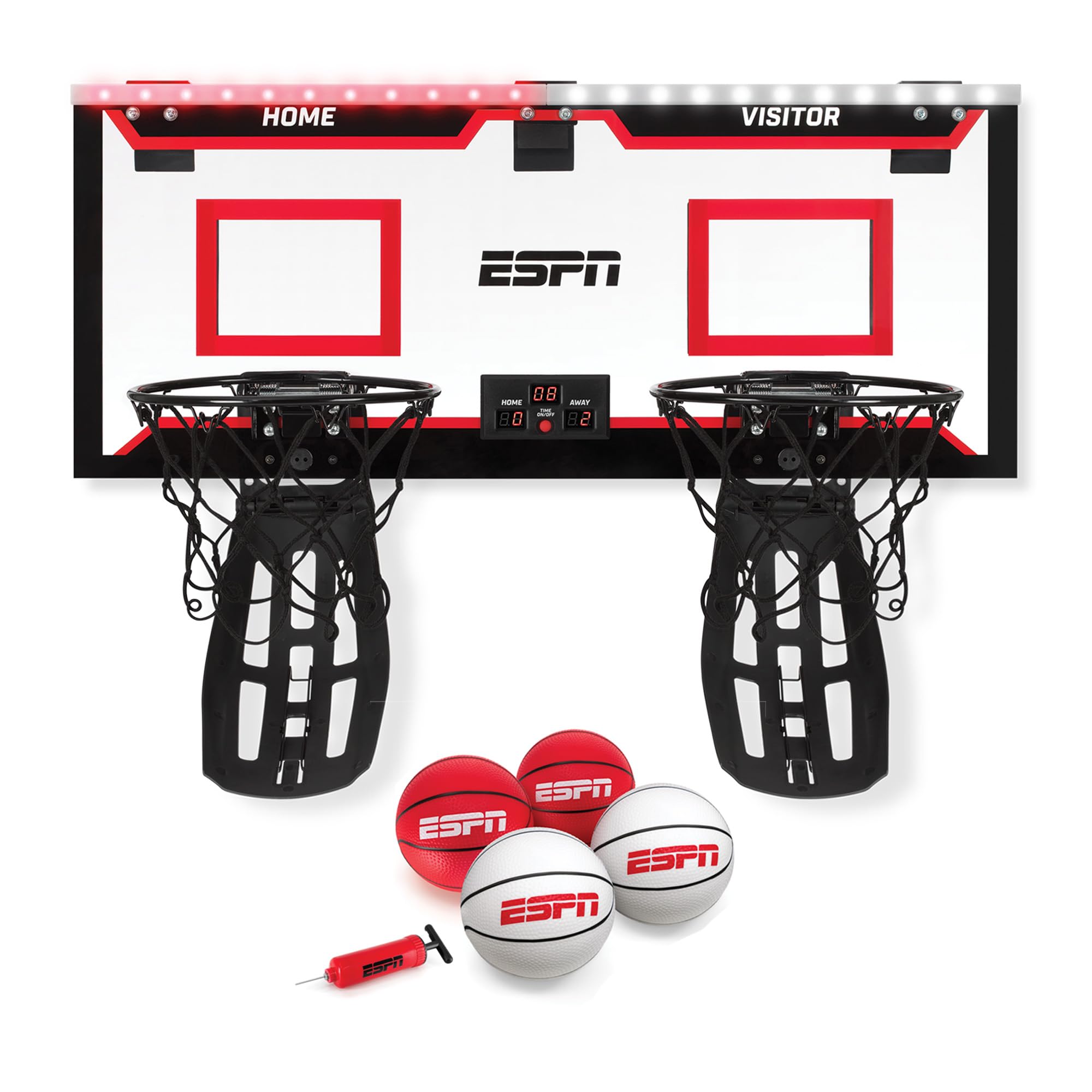 espn mini basketball hoop, over the door basketball hoop with 2 foldable breakaway rims and ball return for two player games, includes 4 mini basketballs and pump
