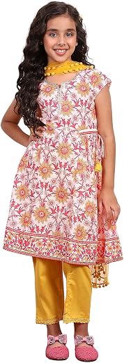 Biba Girls 100% Cotton Short Sleeve Floral Print Flared Kurta Set