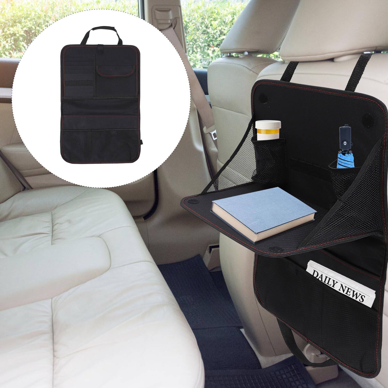 Protector Asiento Trasero Coche con Mesa Organizador Bolsa Almacenamiento Resistente Oxford Negro para Viaje y Comida