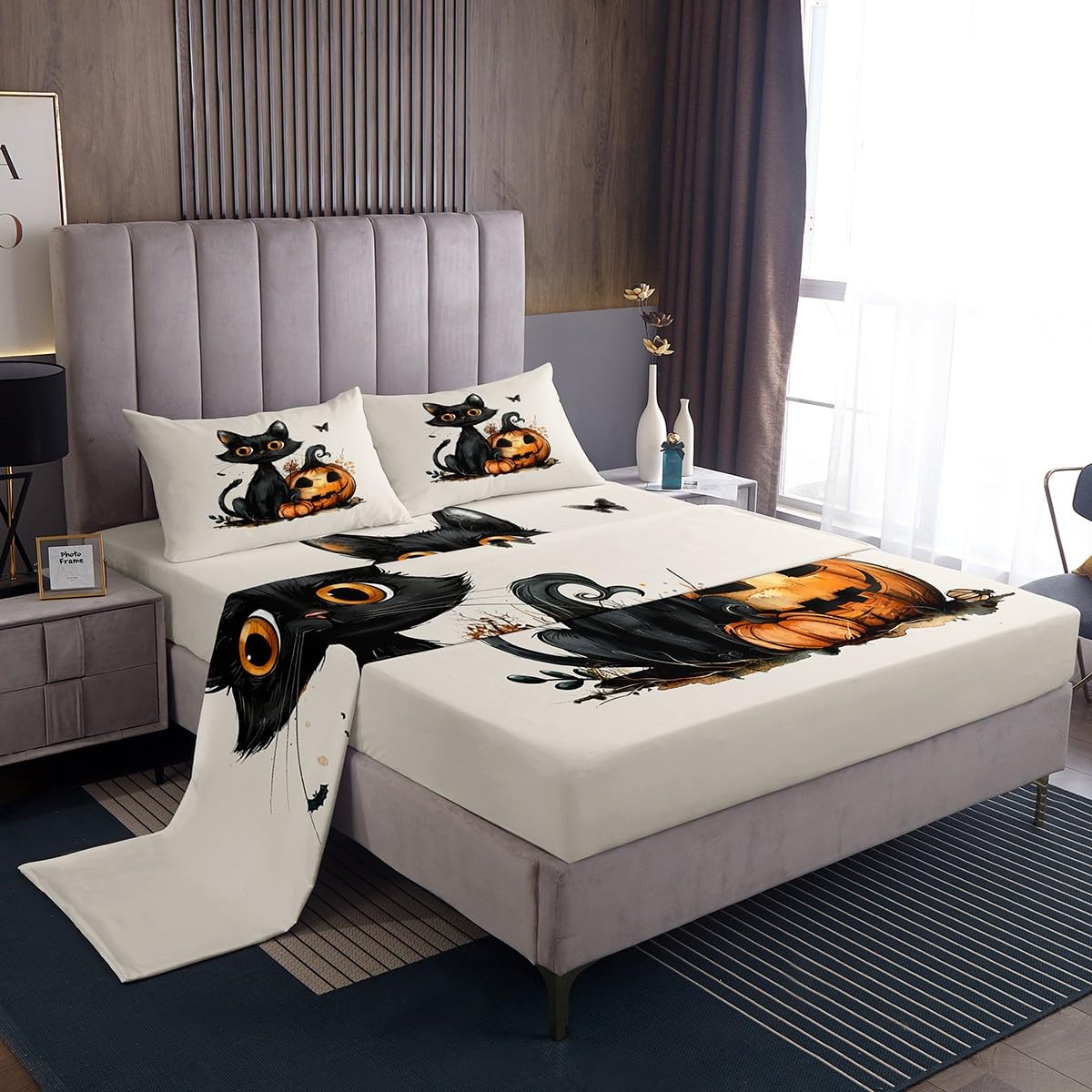 Homewish Juego de ropa de cama de algodón con diseño de calabaza y gato negro, sábanas góticas de Halloween, juego de sábanas de animales de mariposa negra, sábanas bajeras de vegetación de dibujos