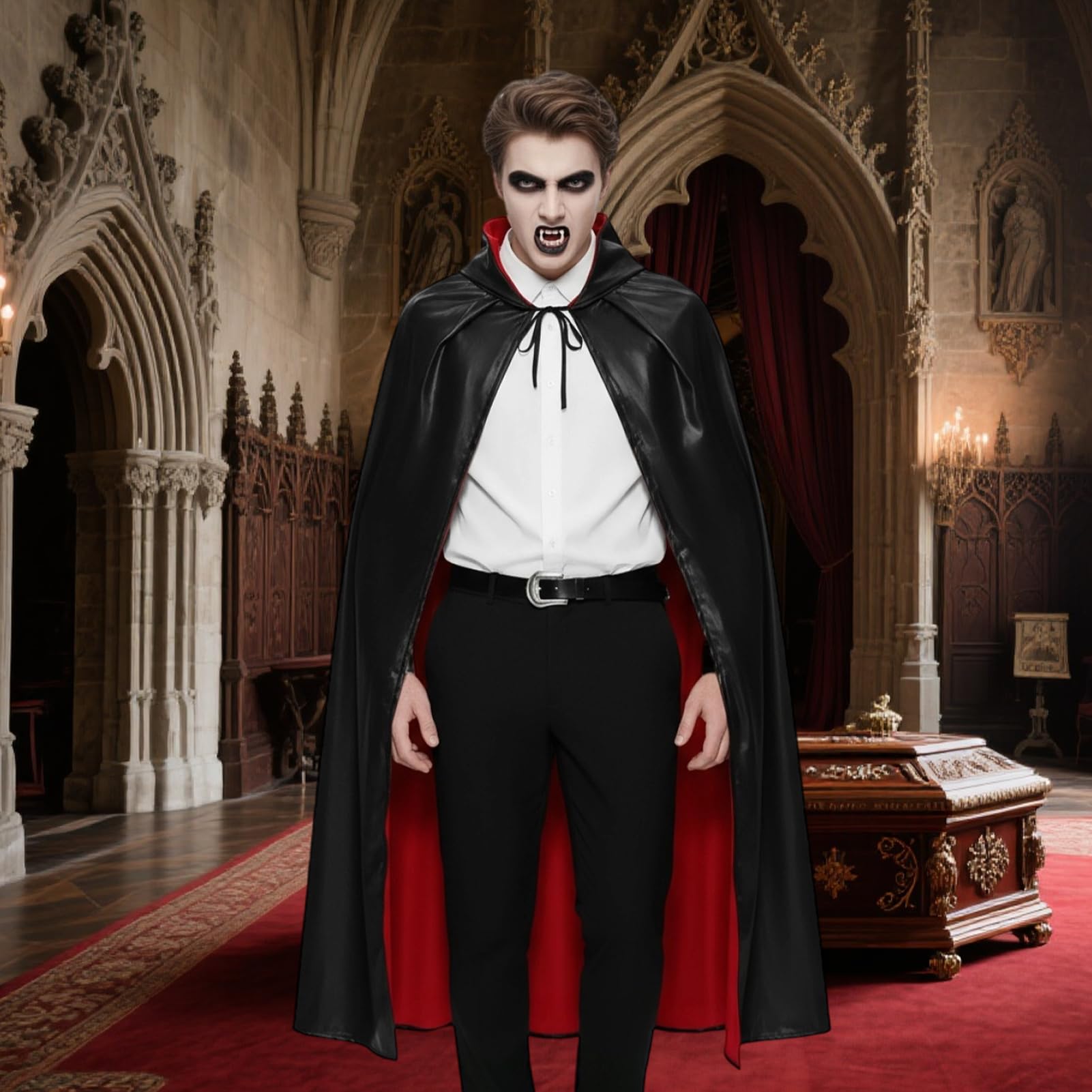 Peleryny wampirów na Halloween, dla dorosłych, płaszcz wampira, dla kobiet, mężczyzn, unisex, odwracalna bluza z kapturem z wampirami, sztuczne zęby, kostiumy czarownicy na Halloween, fantazyjny