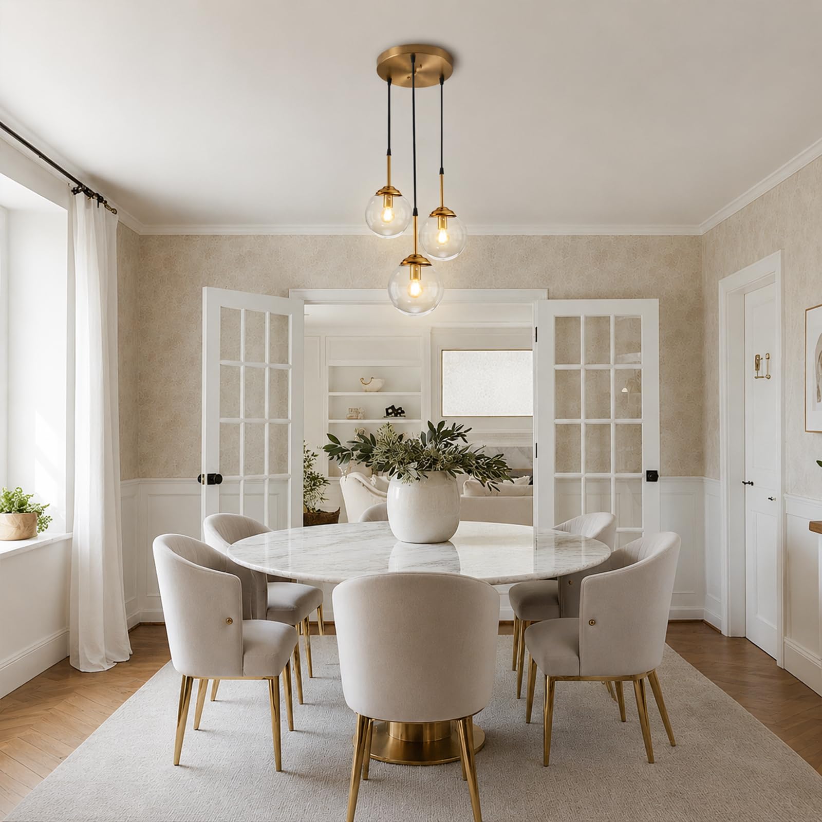 CONERY Lampadari a sospensione in vetro a 3 luci Lampadario in ottone dorato vintage Lampada a sospensione a sospensione a sfera regolabile E14 Lampadario a soffitto industriale per isola cucina