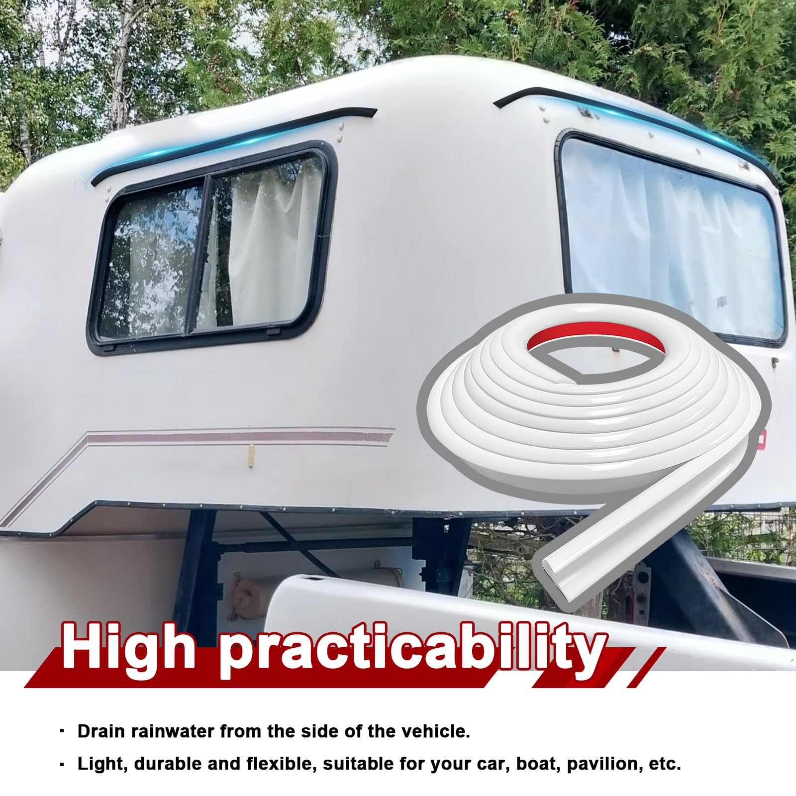 Grondaia per Camper a Forma di J, Lunghezza 10 Metri, Gocciolatoio in Gomma, Autoadesiva, Scarichi per Camper, Camion, Barche e Furgoni, Facile da Installare - Bianco