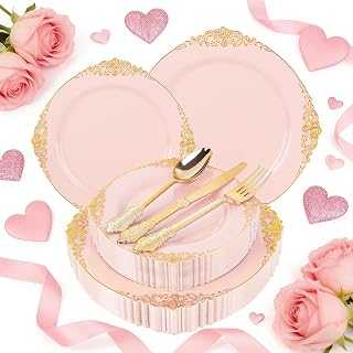 125PCS Pink and Gold Plastic Plates - Pink Disposable Plates - Vintage Plate with Gold Plastic Silverware Set for 25 Guests for Weddings Valentine's Day Parties