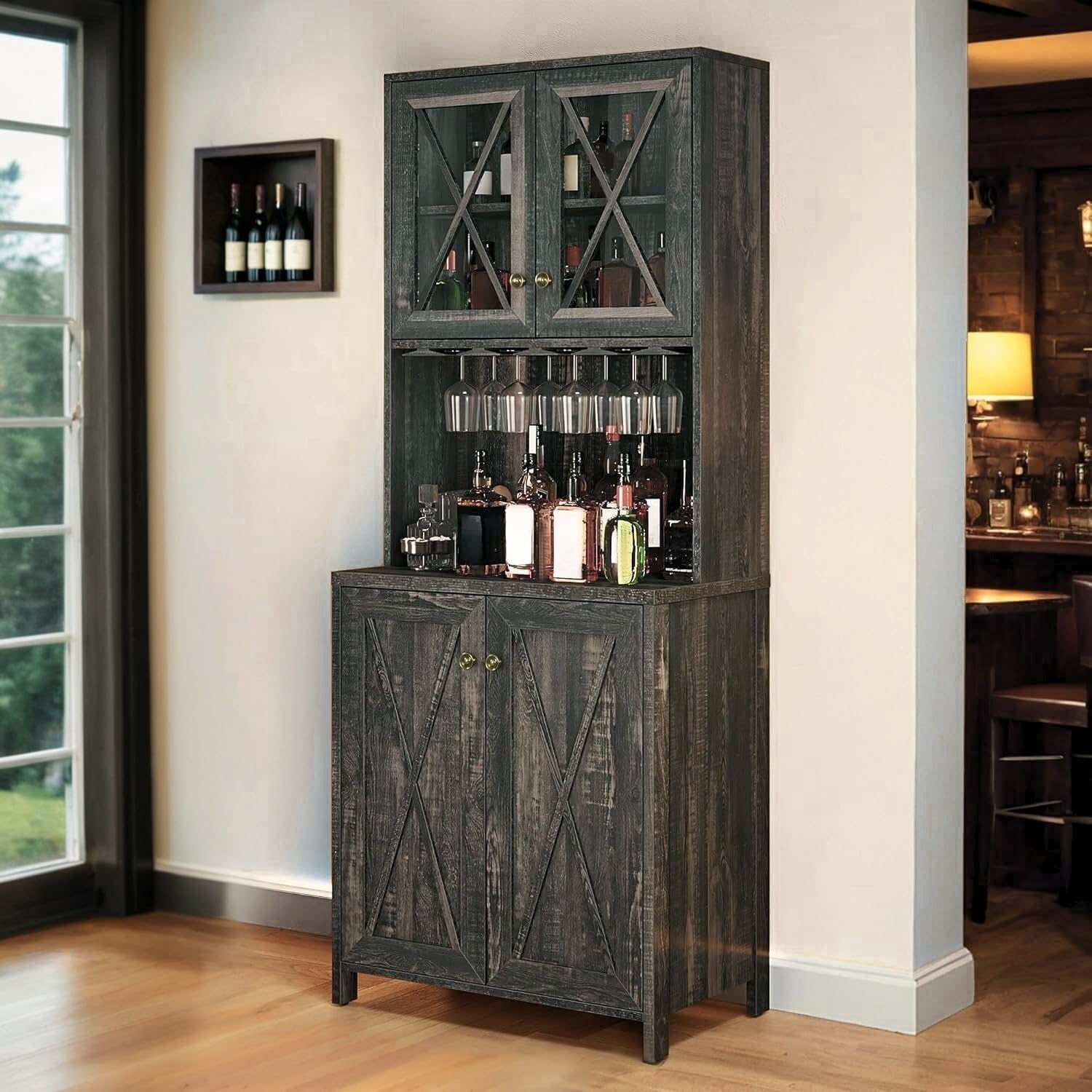 DWVO 67" Wine Bar Cabinet with Glass Doors & Wine Rack, Farmhouse Coffee Bar Cabinets with Open Shelves, Freestanding Storage for Living & Dining Room, Rustic Dark Oak