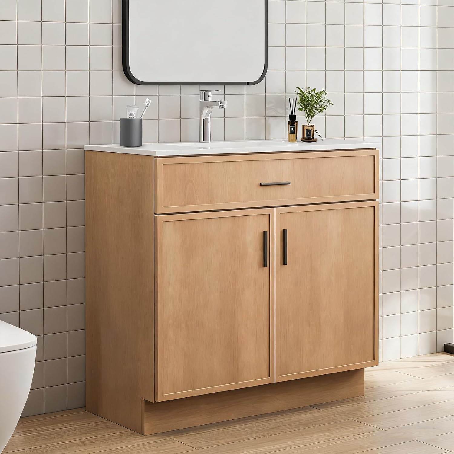 36 Inch Modern Bathroom Vanity with Sink, Natural wood color Freestanding Vanity for Floor Standing Storage and White Ceramic Basin (36")