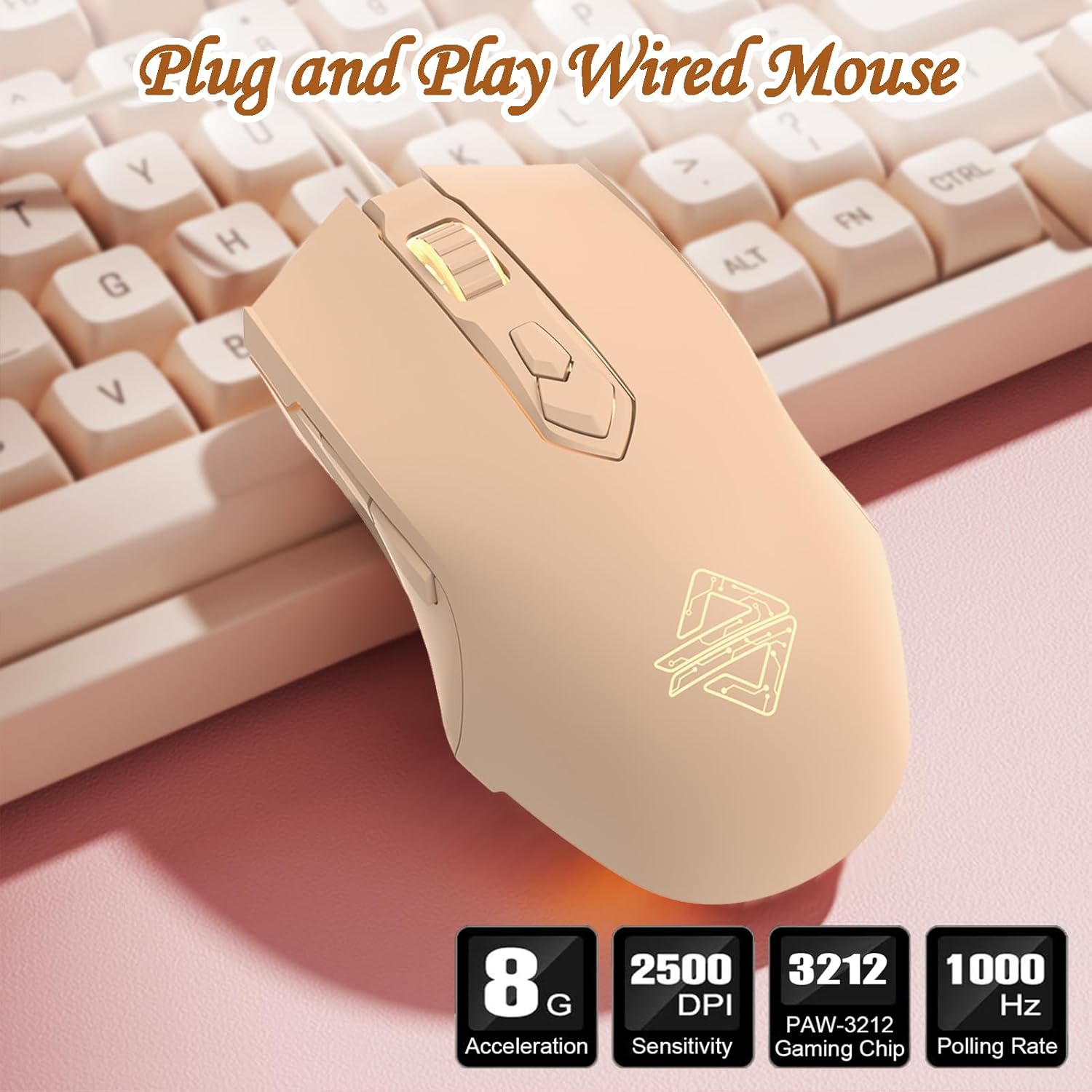 AJ52 RGB Wired Gaming Mouse, 7 Programmable Buttons, Computer Mice with RGB Lighting, 200-4800 DPI Adjustable, for Windows/Mac OS/Linux (MilkTea)
