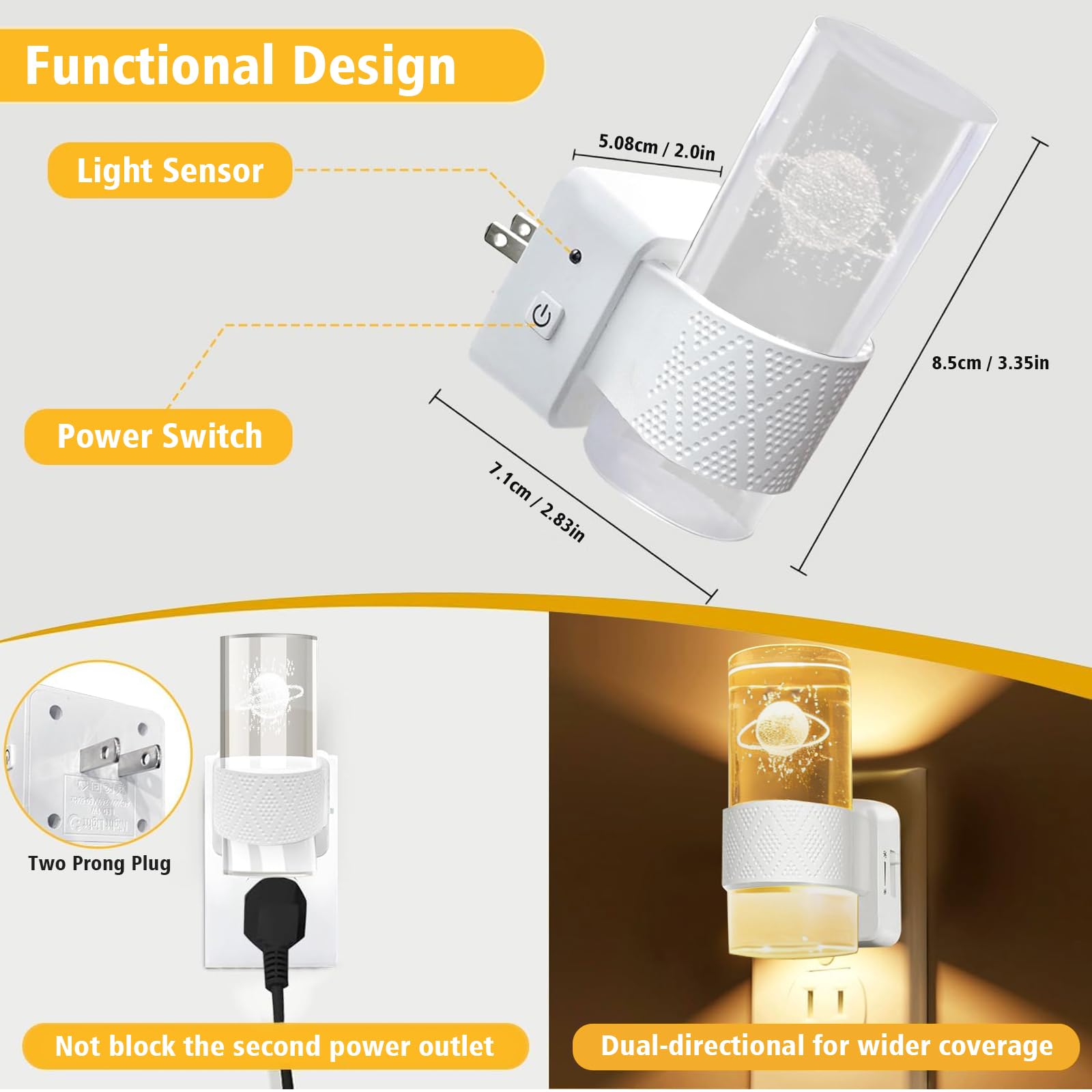 Gemmac Luce Notturna con Sensore Crepuscolare, 0-100 LM Dimmerabile Acrilico 3000K Luci Notturne LED da Presa Sensore Crepuscolare per Como Camera da Letto Cucina Corridoio Bagno Garage 2 Pezzi