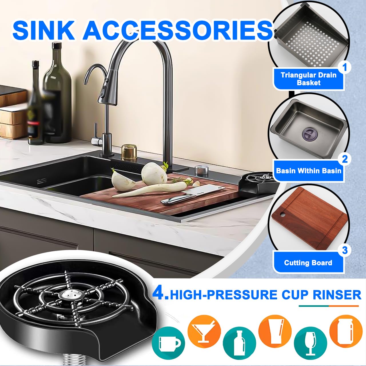 80x45cm Fregadero de cascada negro, fregadero de cocina multifuncional fregadero de acero inoxidable, 1 lavabo fregadero con grifo multifuncional y otros accesorios