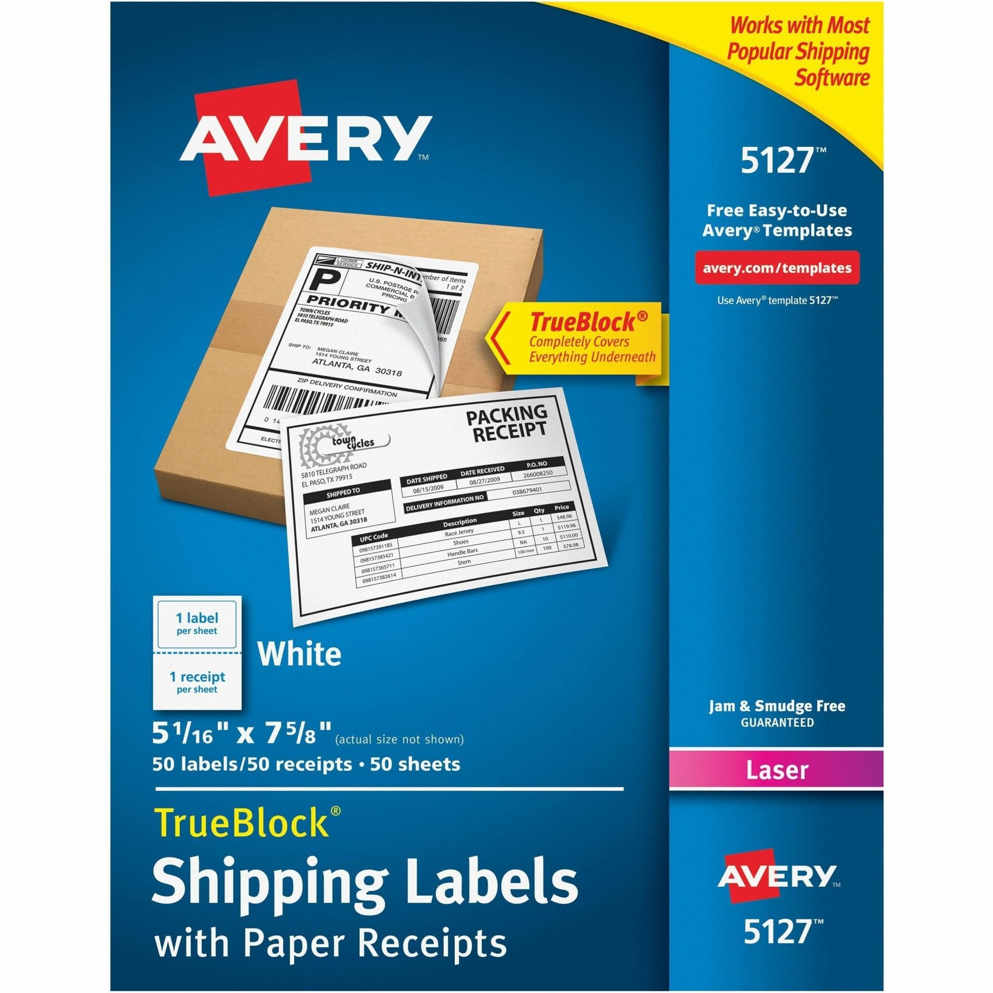 Avery Etichette di spedizione stampabili con ricevute di carta, 5-1/16 "x 7-5/8", bianche, 50 etichette postali vuote (5127)