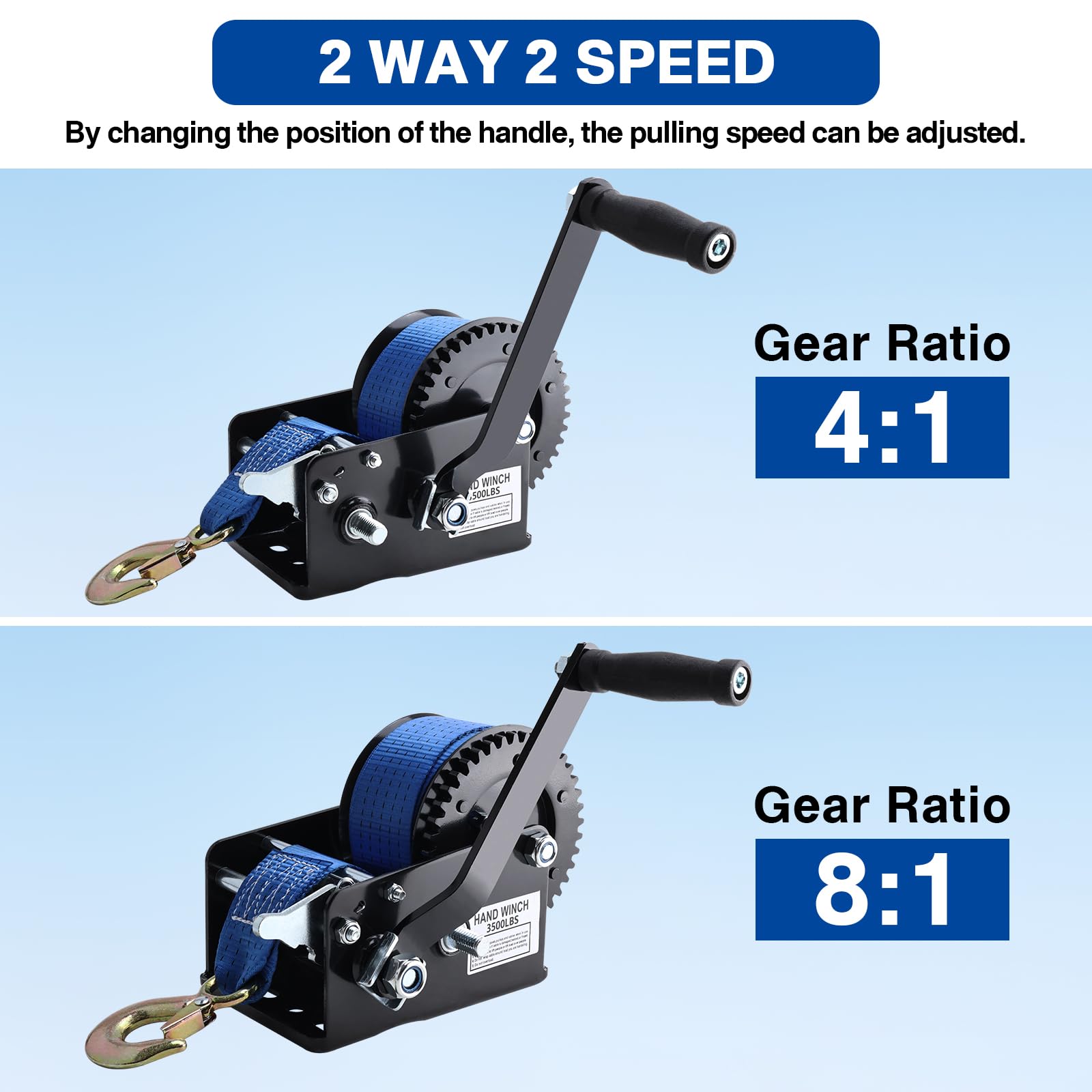 FreeTec Verricello manuale da 3500 lbs | Cinghia di sollevamento in poliestere da 10 m (50 mm) | Cambio a 2 marce per barche e camion