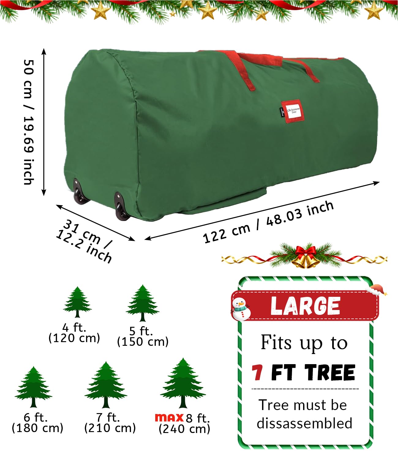 Borsa per Albero di Natale con Ruote, Sacca per Albero di Natale in Tessuto Oxford 600D Impermeabile, Verde Christmas Tree Storage Bag con Cerniera e Manici, Fino a 240 cm