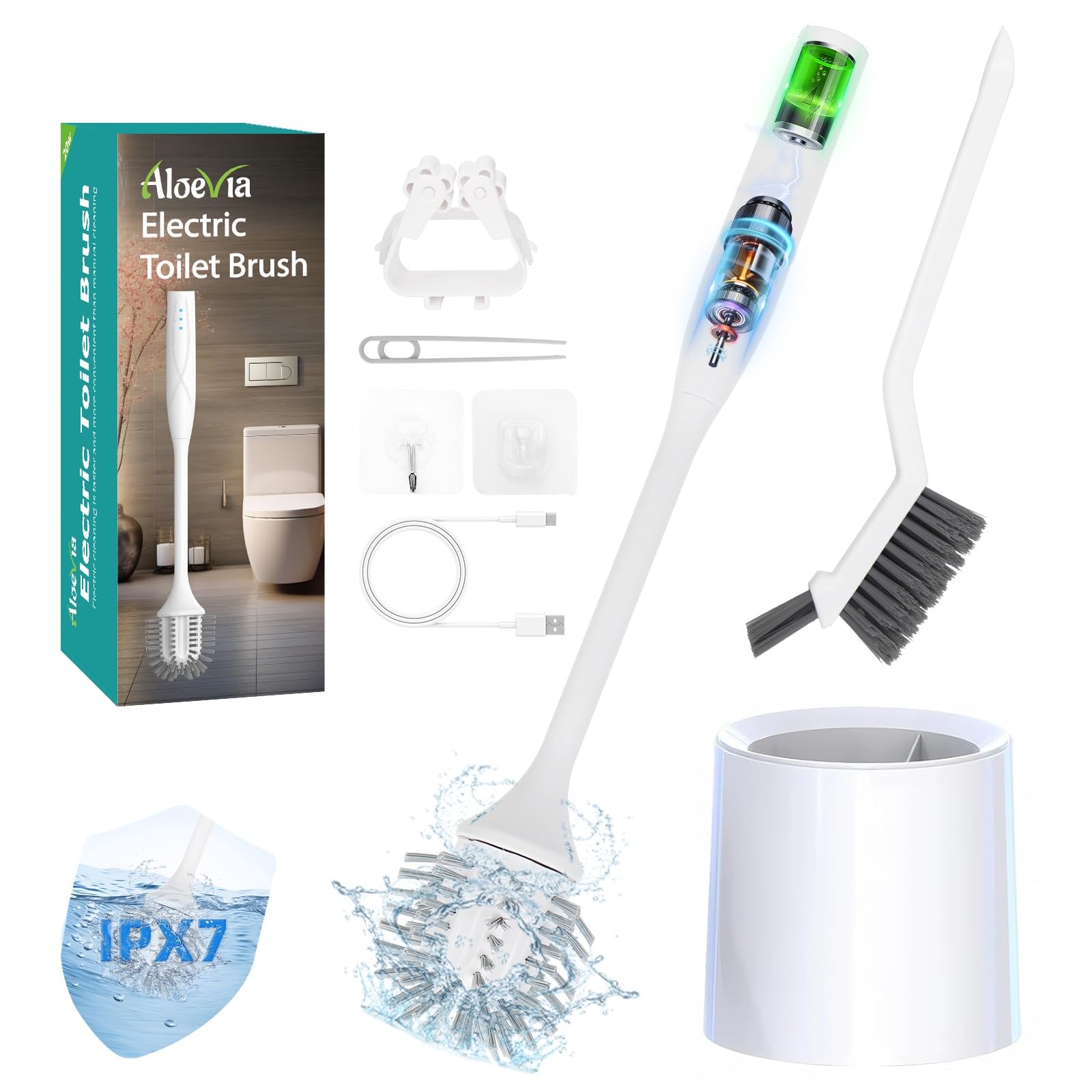 Electric Toilet Brush with Holder Ultra Quiet Powerful Scrubbing IPX7 Waterproof Self-Cleaning Brush for Toilet Bathtub Grout Cordless