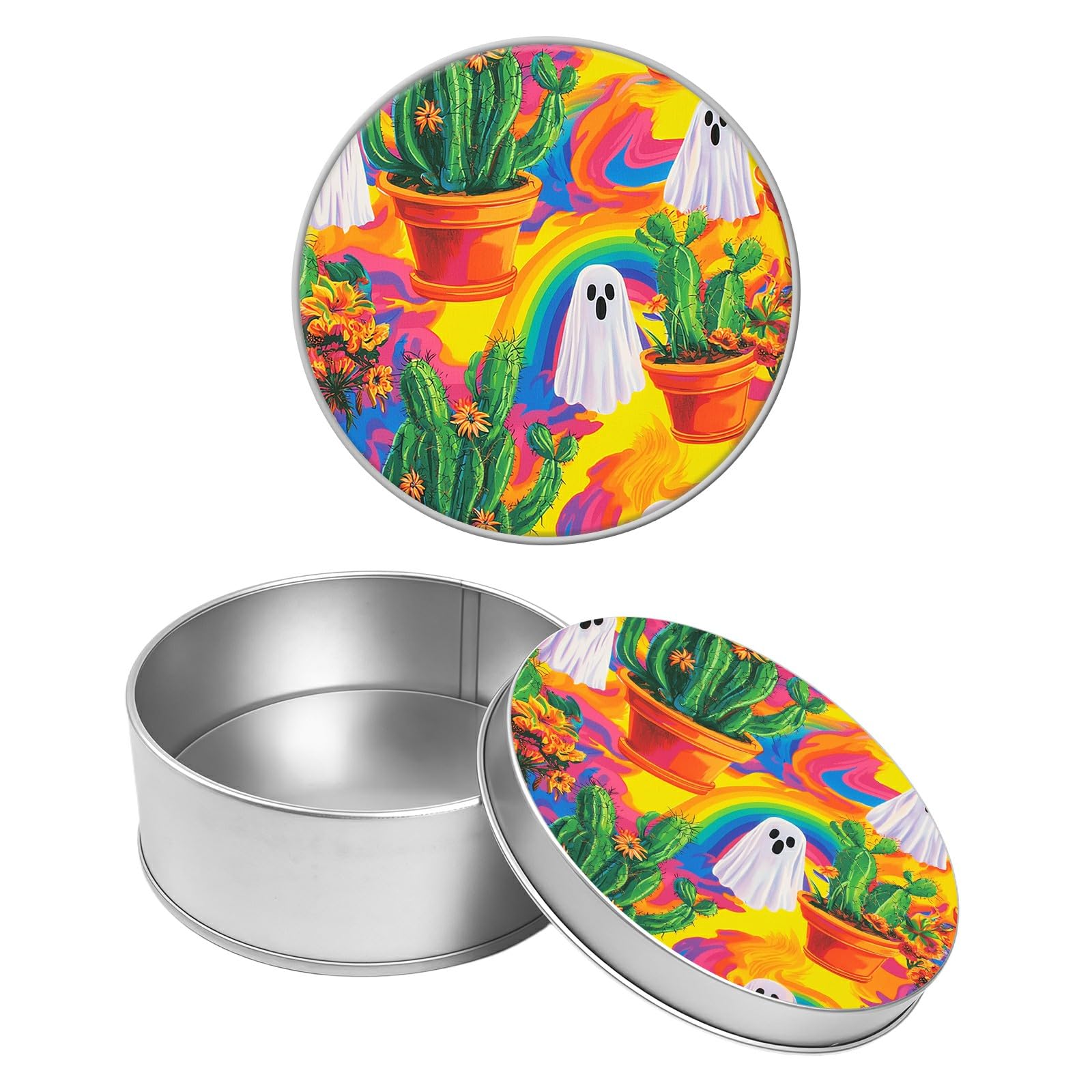 Round Metal Tin Container with Removable Lid, Ghost Cactus Durable Metal Storage Box for Crafts Snacks Candies Office Supplies Small Items 3.54 x 1.38 inch– Single Pack