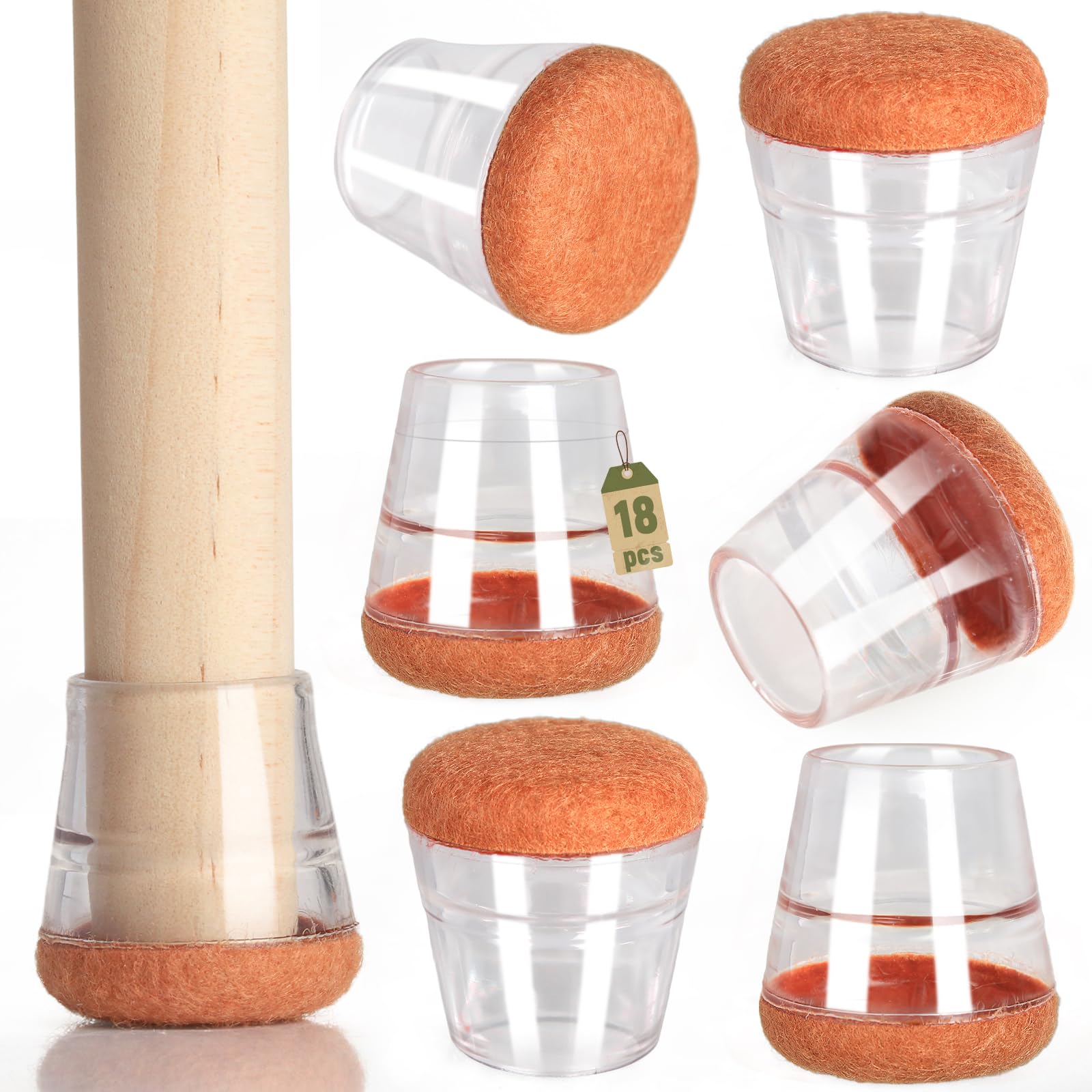 Euqvunn 18PCS Protector Patas Sillas Transparentes con Fieltro – Protegen los Suelos y Elimina el Ruido, Adecuado para sillas, sofás, mesas y Otros Muebles con diámetros de 15-21 mm
